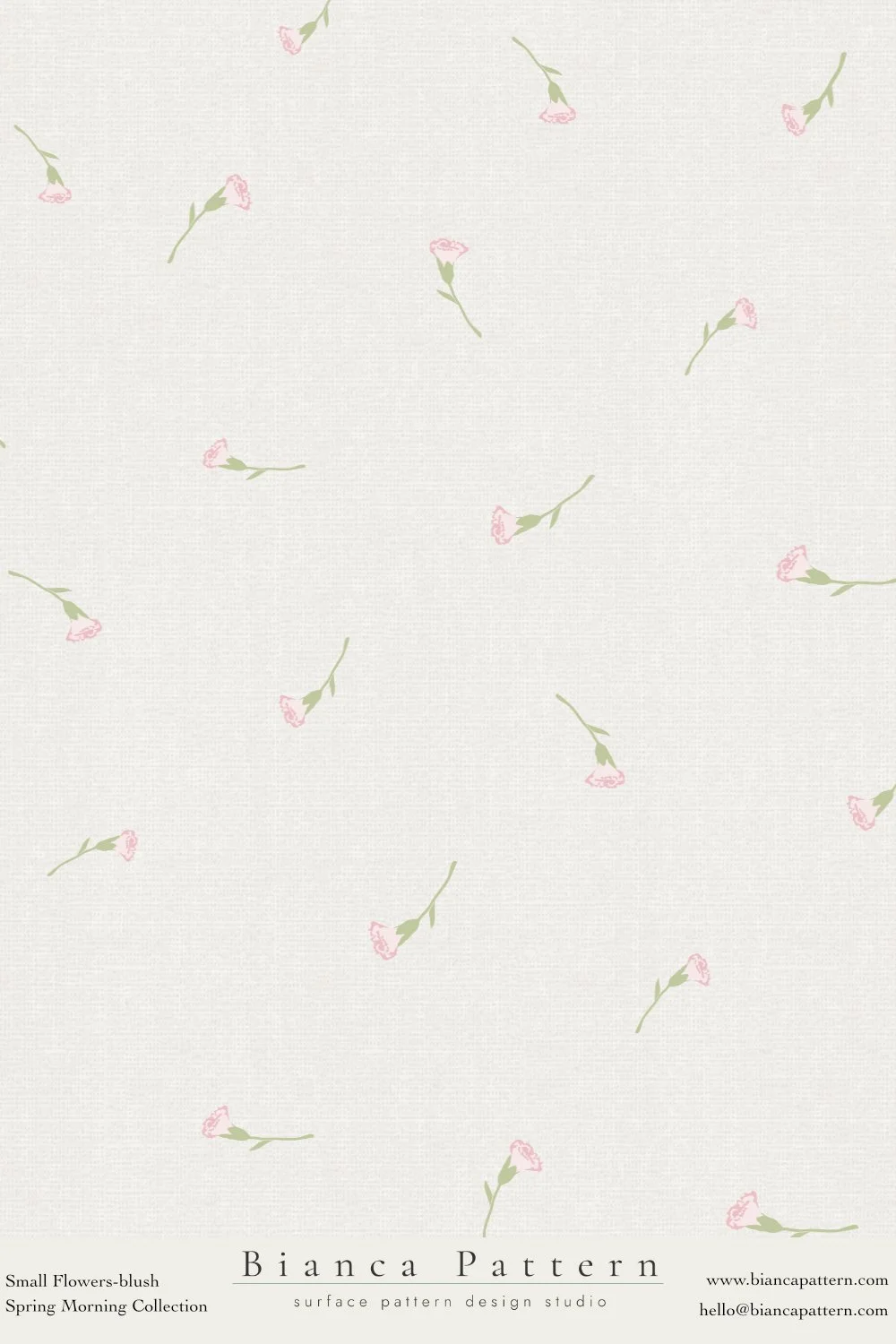 Soft pastel-colored small pink flowers with green stems pattern on a light beige background.
