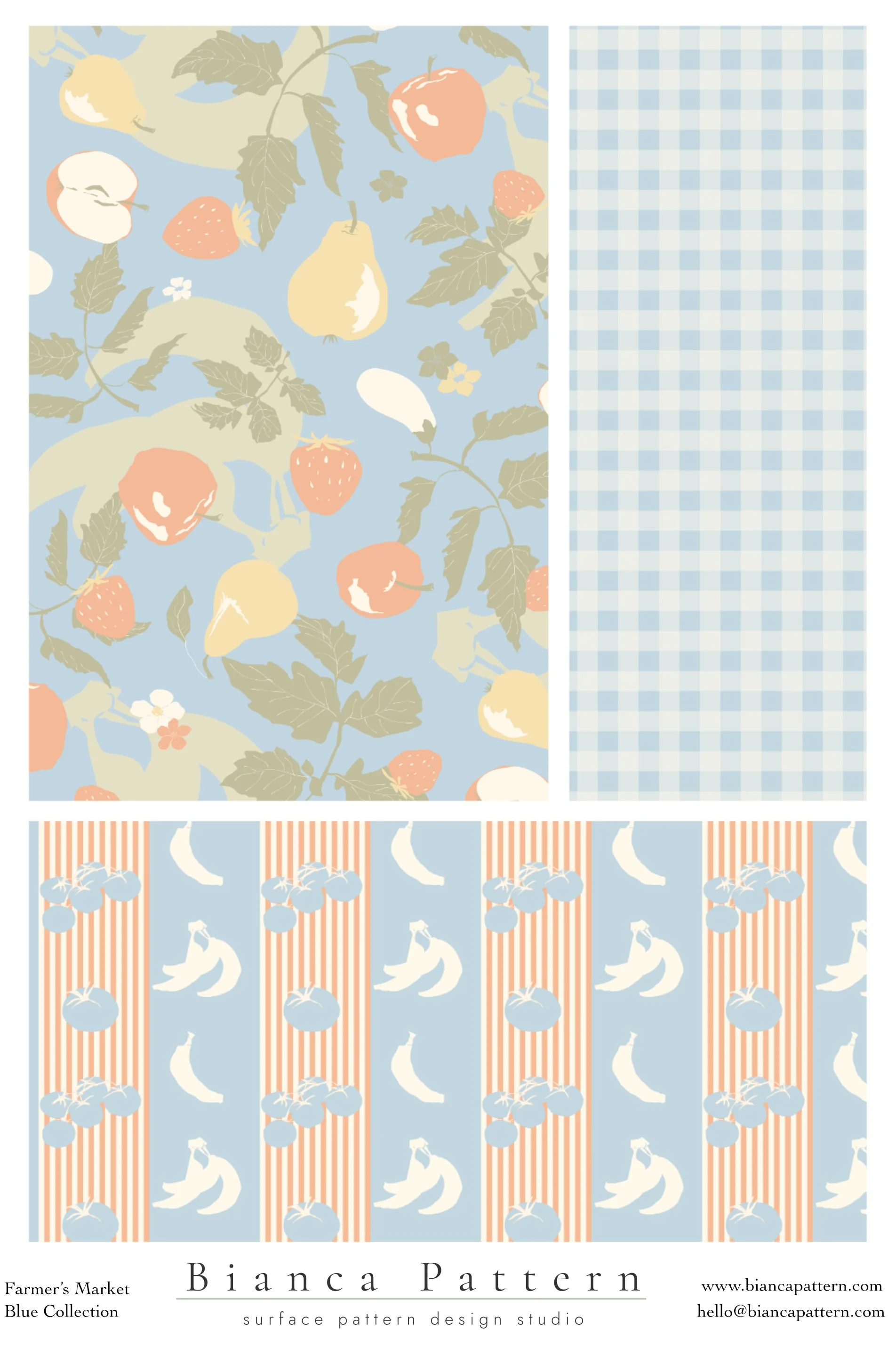Digital pattern design featuring fruits such as strawberries, apples, pears, bananas, grapes, and vegetables like eggplants and chili peppers, with leaves and flowers, all in pastel shades of blue, peach, yellow, and cream.