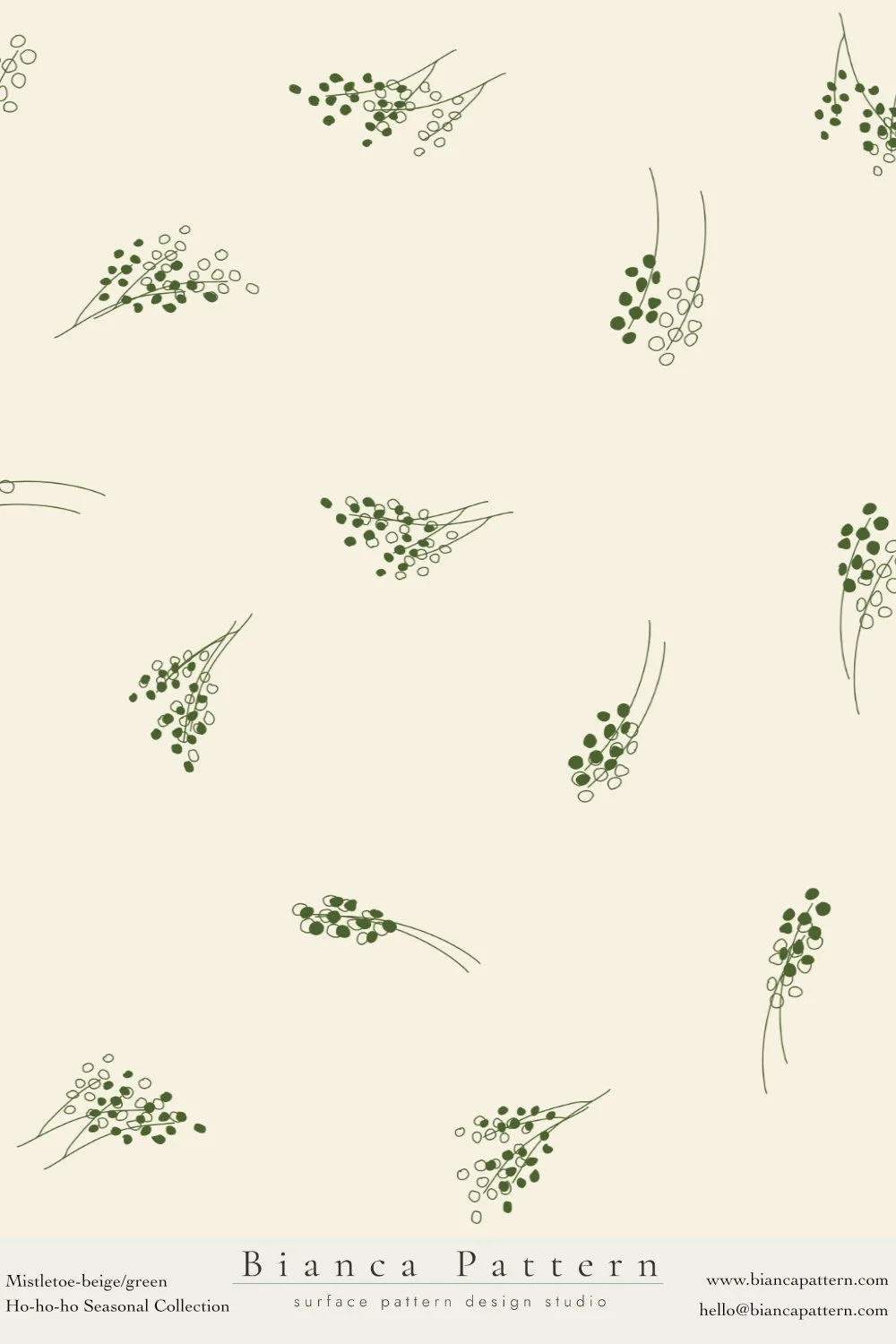 Pattern with small green berries and thin lines on a beige background, used for surface decoration.