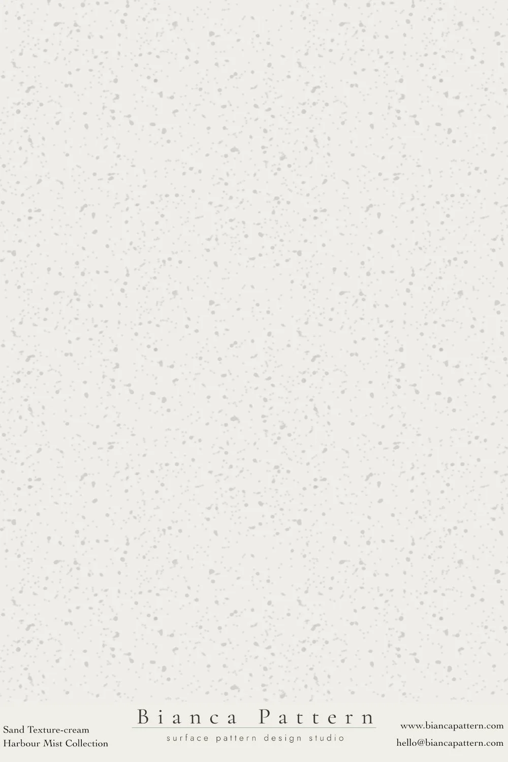 Cream-colored sand texture background with small speckles, labeled as Bianca Pattern, from the Harbour Mist Collection.