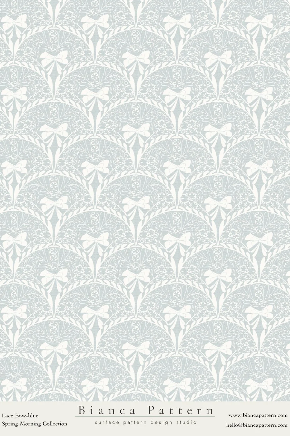 Light blue and white lace bow pattern wallpaper with floral and butterfly motifs.
