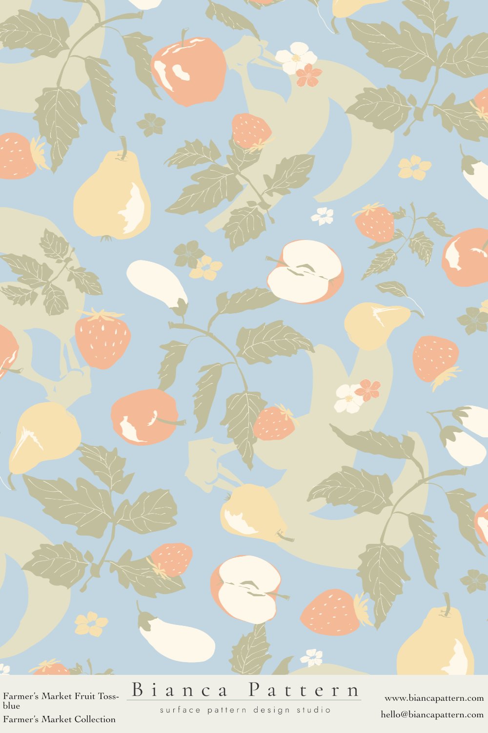 Pattern with strawberries, apples, pears, bananas, leaves, and small flowers on a blue background.
