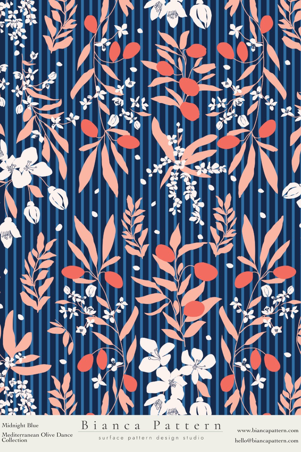 A floral pattern with pink leaves, white flowers, and small white accents on a navy blue background with vertical stripes.