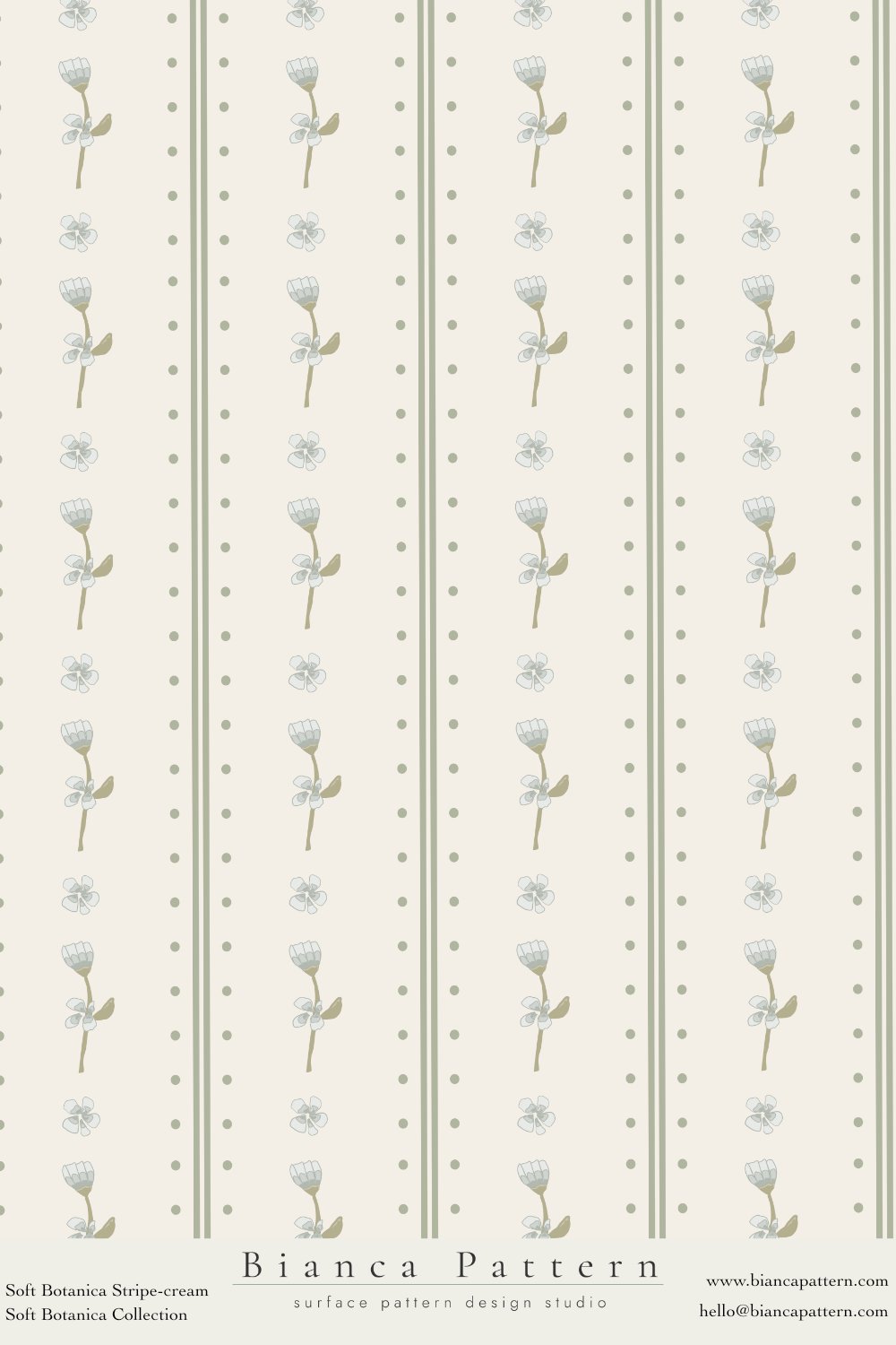 Vertical striped wallpaper pattern with light green and beige colors, featuring small white flowers and dotted lines.