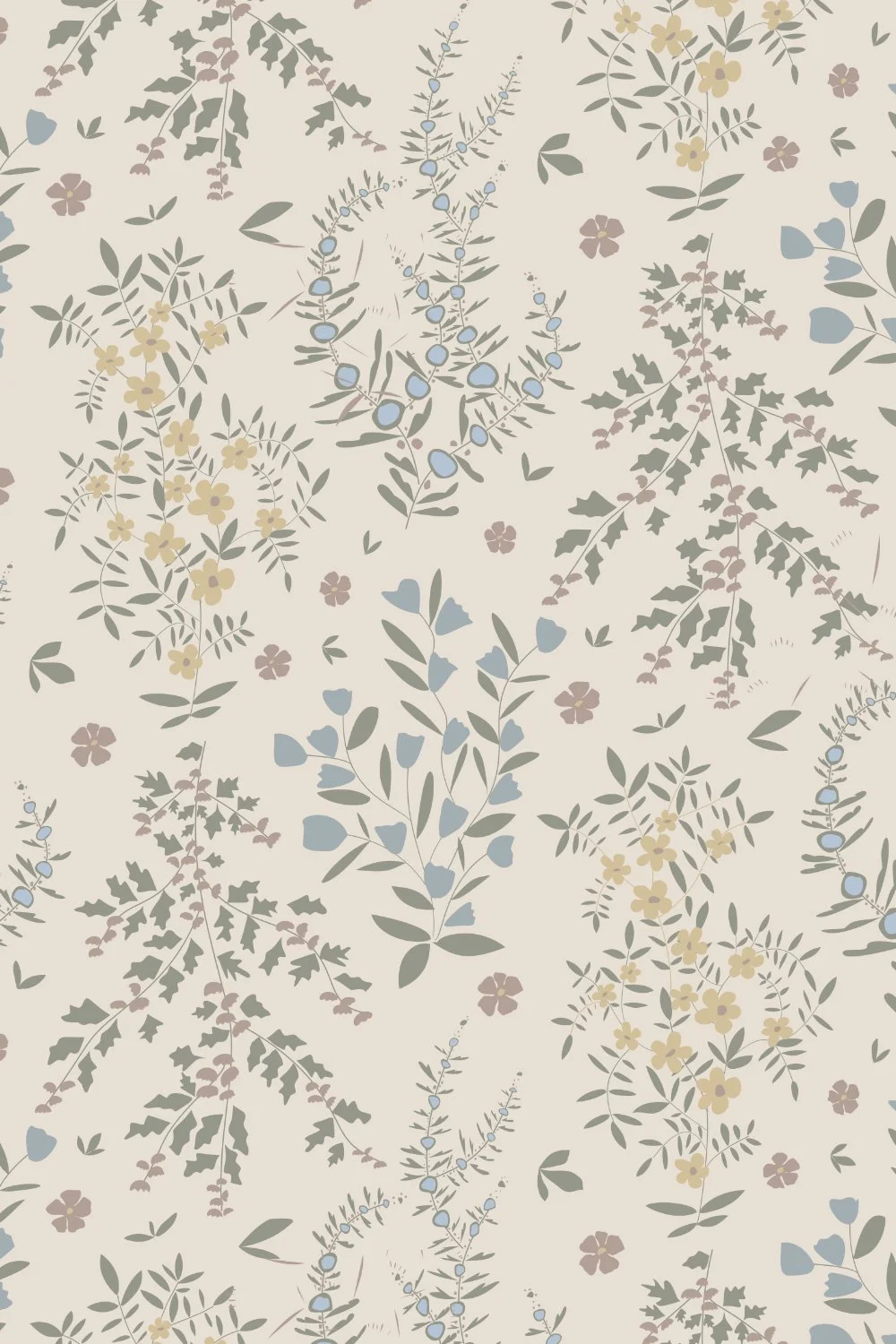 A pattern of various botanical illustrations including leaves, small flowers, and sprigs in muted pastel colors on a light background.