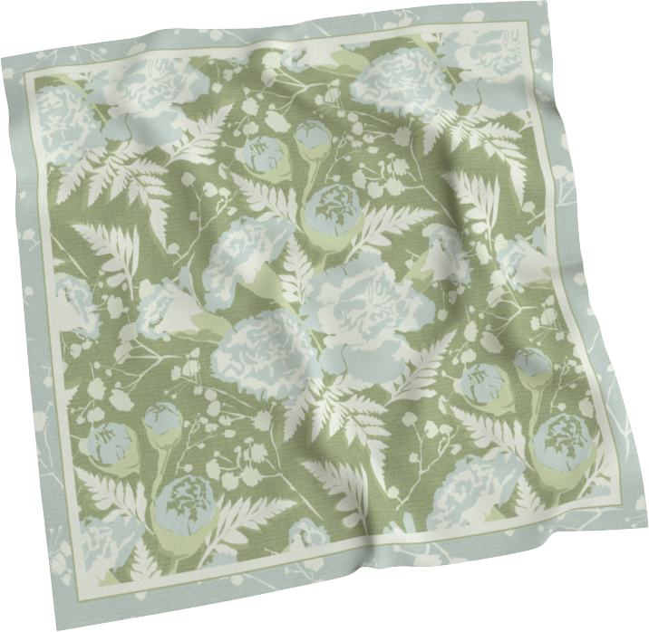 A light green and white floral patterned fabric handkerchief with a leafy design.