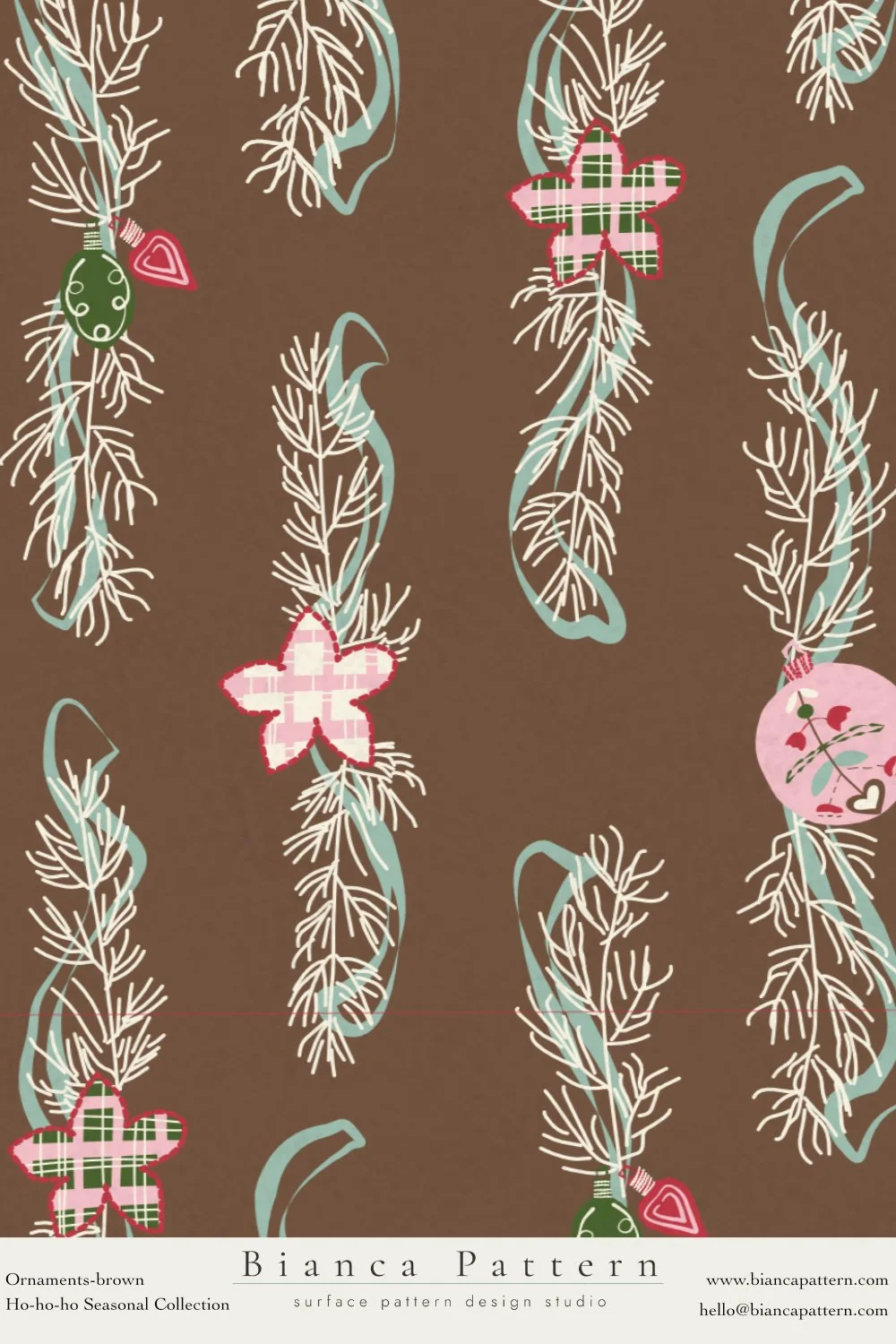 Pattern with Christmas ornaments and holly branches on a brown background.