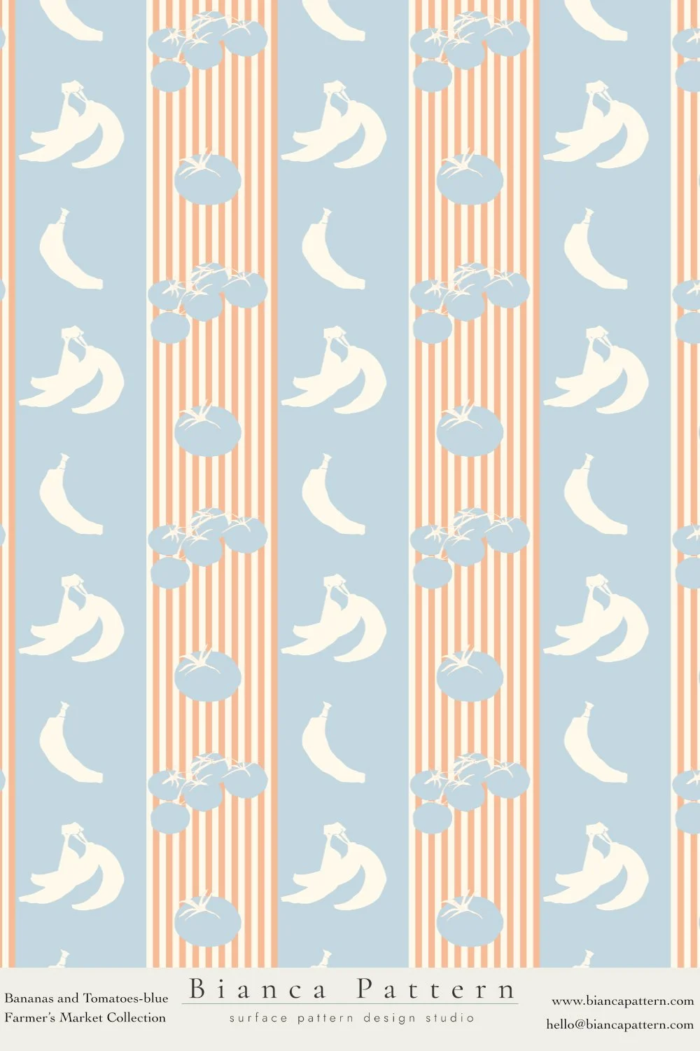 Pattern with bananas, tomatoes, and stripes in blue, white, and orange colors.
