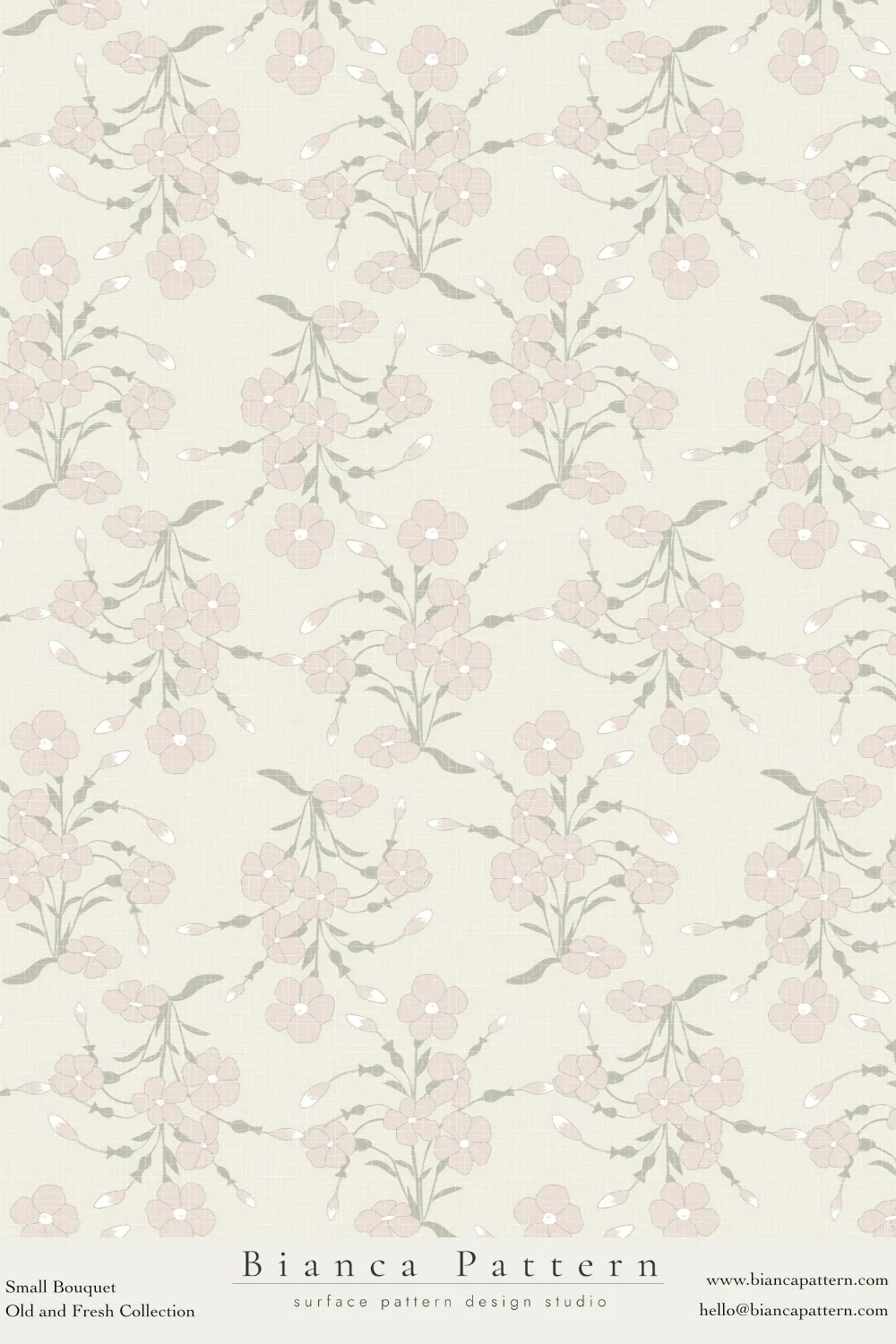 A floral pattern with light pink flowers and gray-green leaves on a beige background, labeled 'Bianca Pattern'.