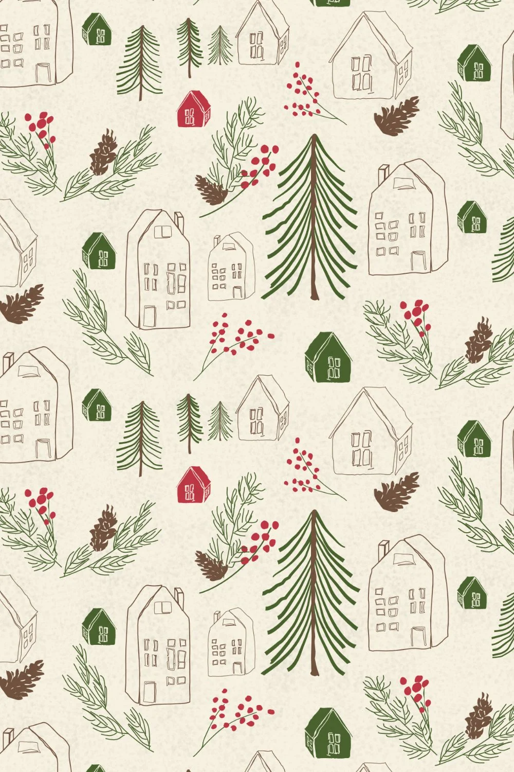 Pattern with hand-drawn houses, pine trees, holly berries, and pinecones on a beige background.