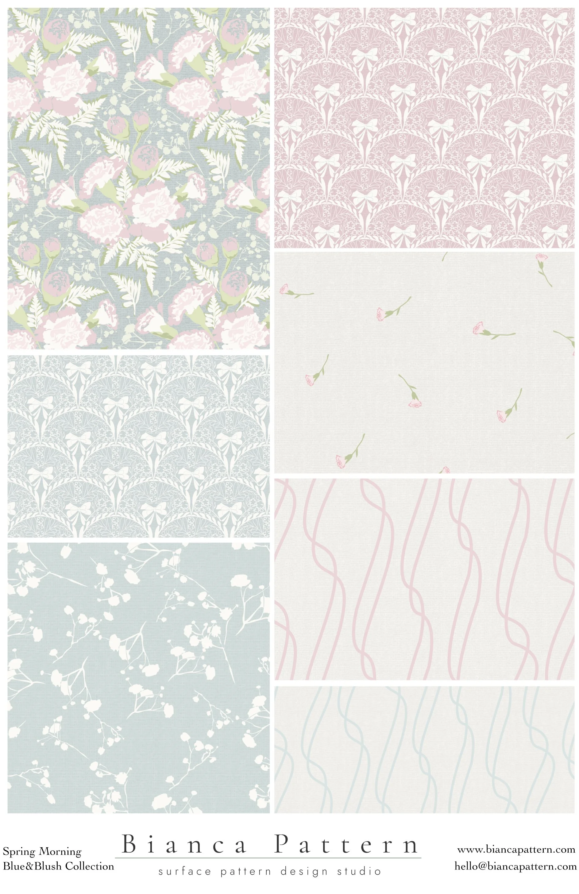A collage of six floral and geometric surface pattern designs in soft pastel colors, including pink, blue, and beige, with elements such as flowers, leaves, bows, and abstract lines.