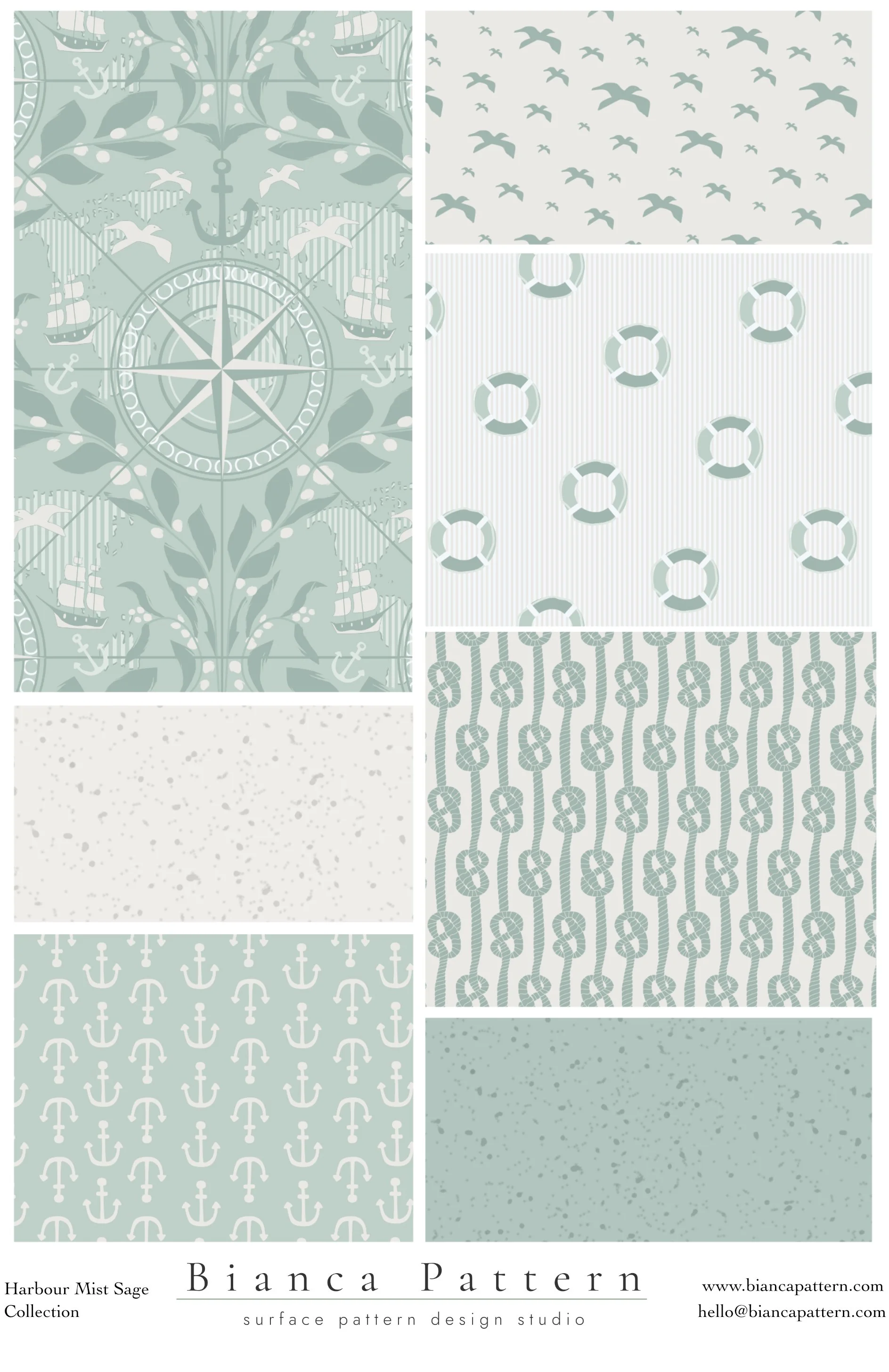 A collage of nine different surface patterns, with nautical and maritime themes, including ships, anchors, seagulls, life rings, and ropes, in blue and white colors.