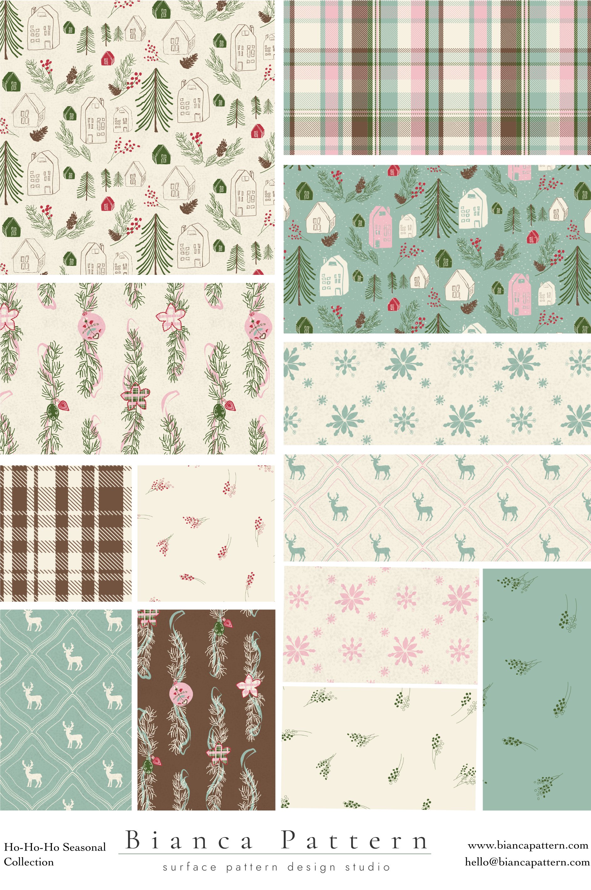 Collection of Christmas-themed surface patterns including houses and trees, plaid, reindeer, holly, and snowflake motifs in soft pastel and earthy colors.