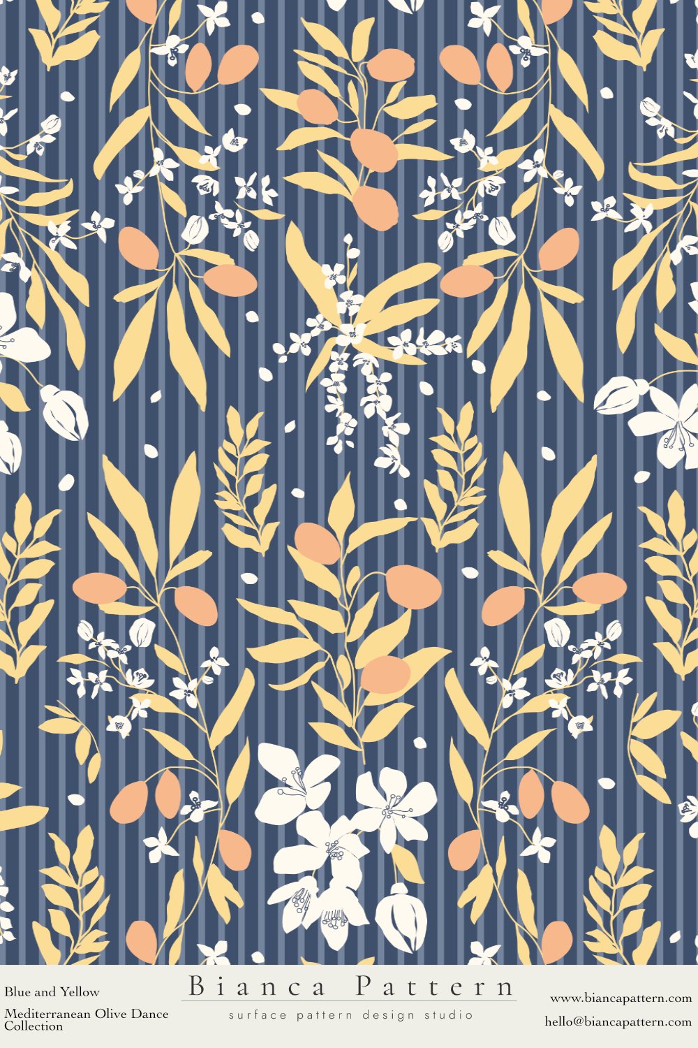A floral pattern with white flowers, beige leaves, and peach-colored olives on a dark blue background with vertical stripes.