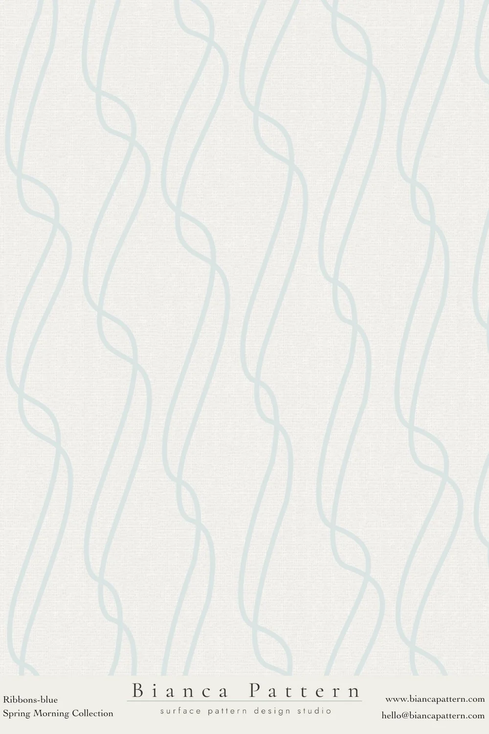 Light teal wavy ribbon pattern on a beige background, labeled Bianca Pattern from the Spring Morning Collection.