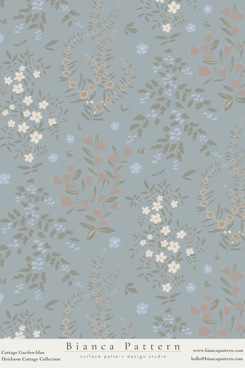 Soft blue floral pattern with white, light blue, and muted pink flowers and green leaves.
