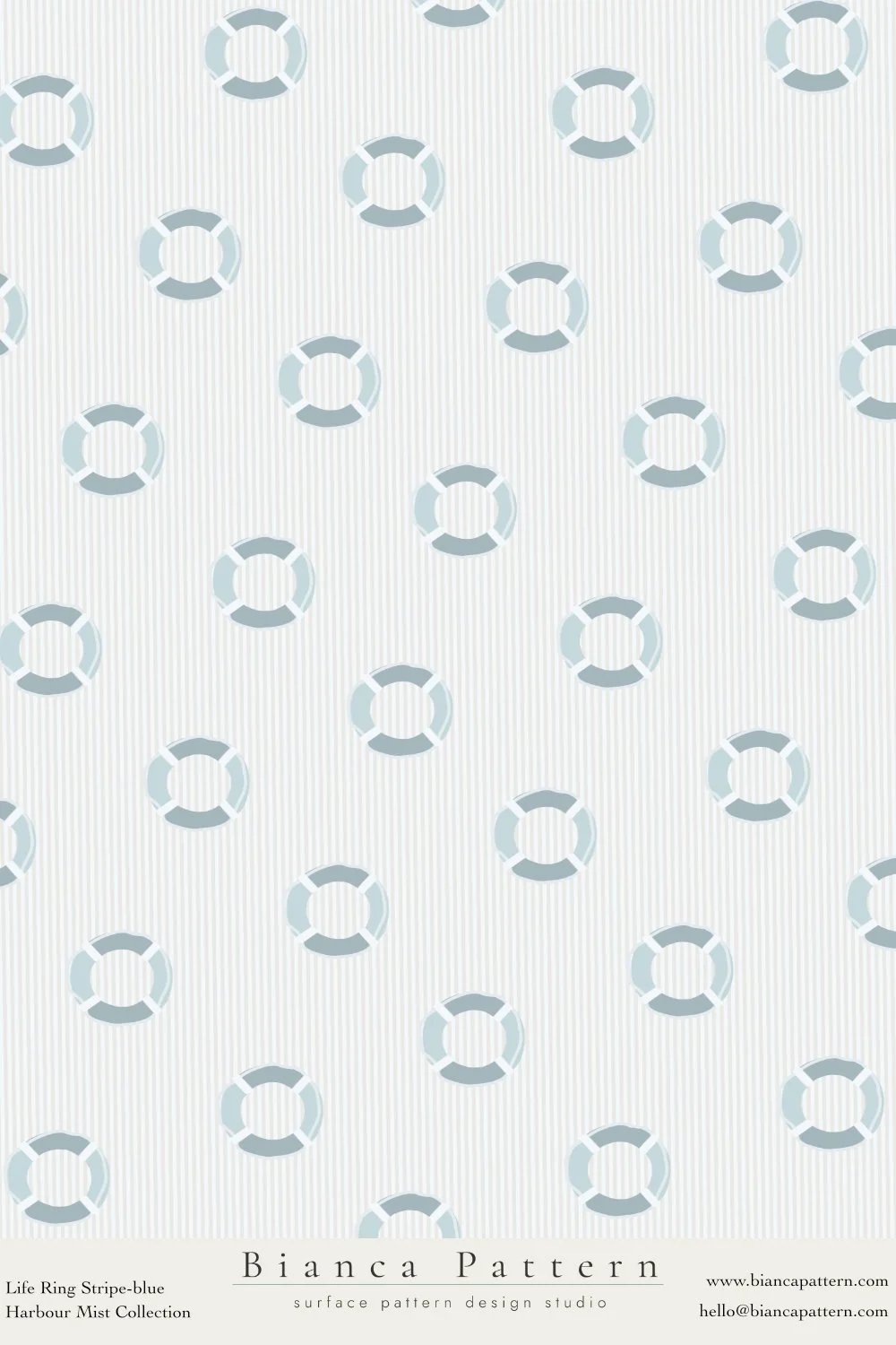 Pattern of light blue and white life rings on a striped background, titled 'Bianca Pattern' from Biancapattern.com.