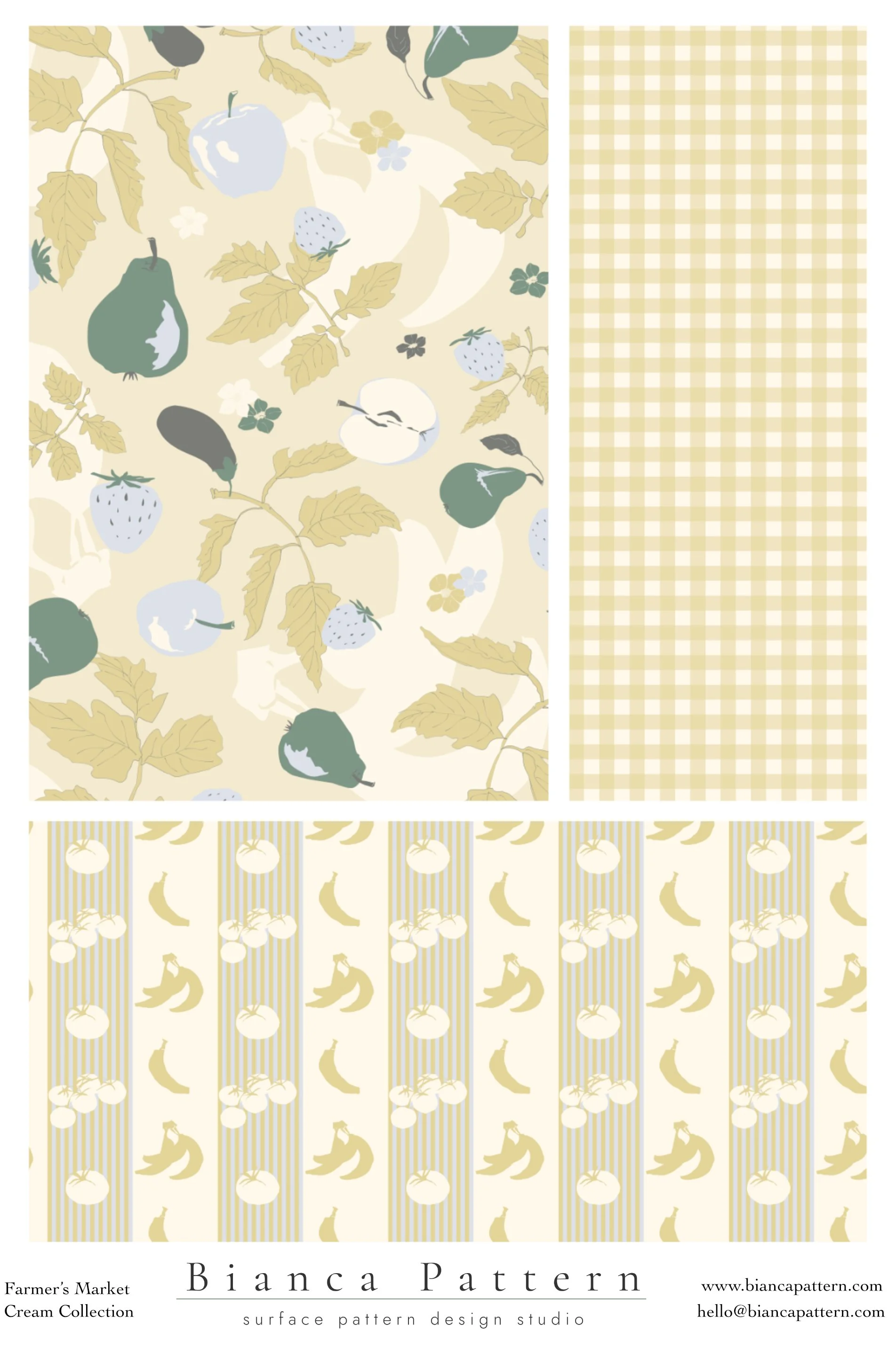 Collection of patterned surface designs with fruits and leaves, including apples, strawberries, pears, bananas, and tomatoes, in soft pastel colors.