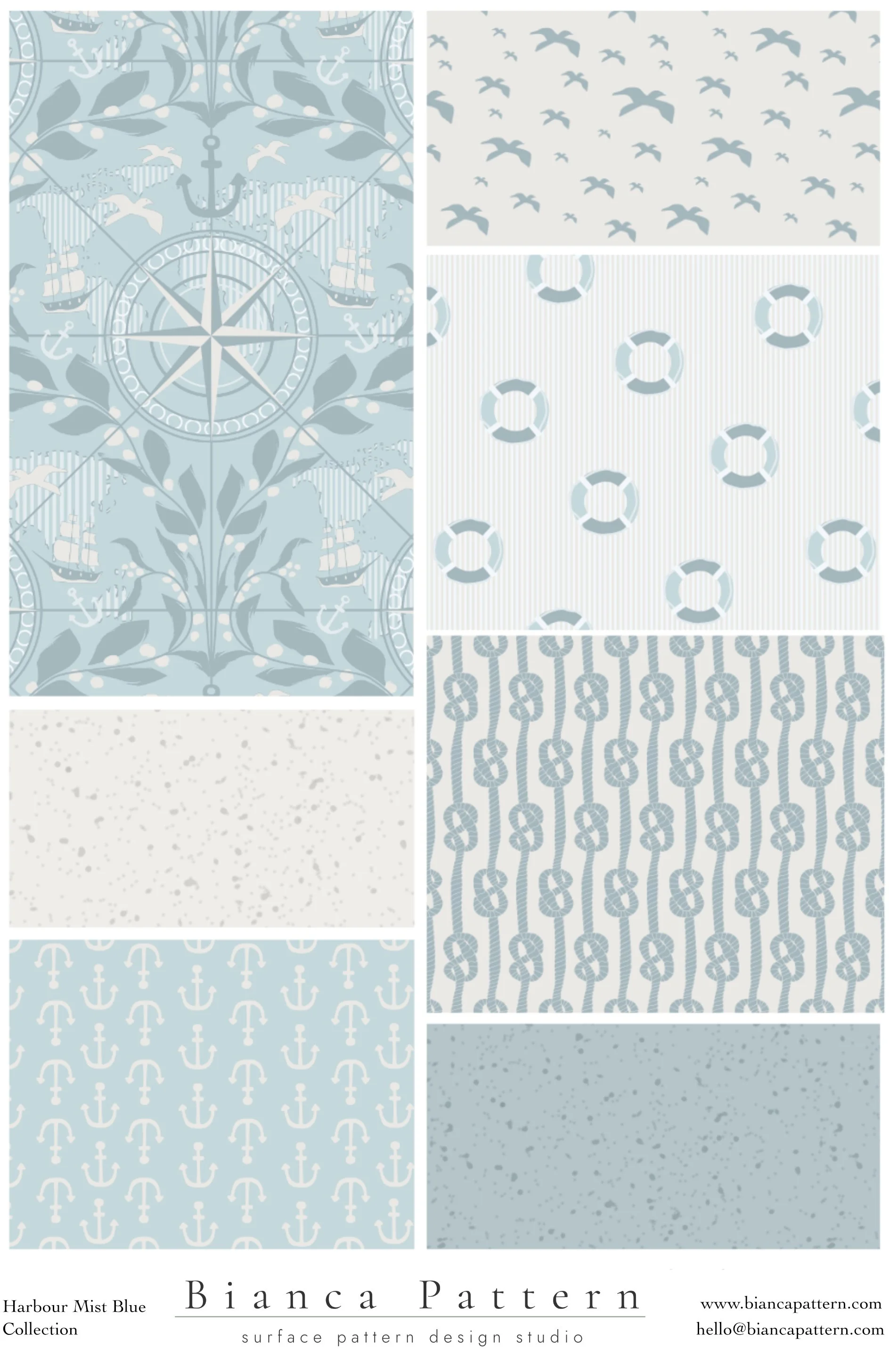 A collage of nautical-themed pattern designs in shades of blue and white, including anchors, seagulls, ship wheels, and maritime symbols.