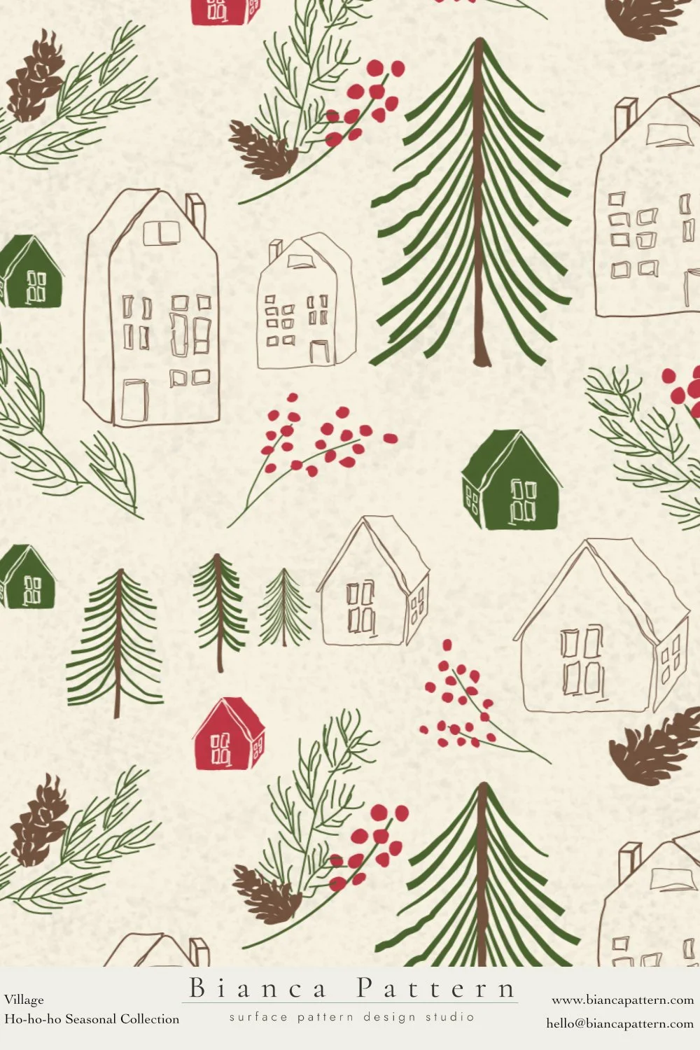 A pattern featuring simple line drawings of houses, pine trees, holly branches with red berries, and pine cones on a light background, with some colored in green and red.