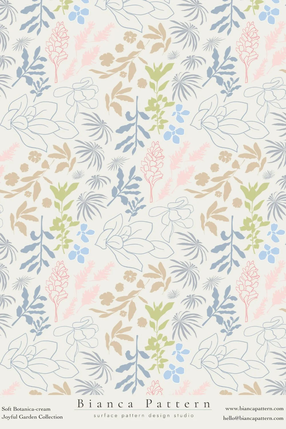 A pastel-colored botanical pattern featuring outlined and solid representations of various leaves and flowers in shades of blue, pink, green, and beige on a cream background.