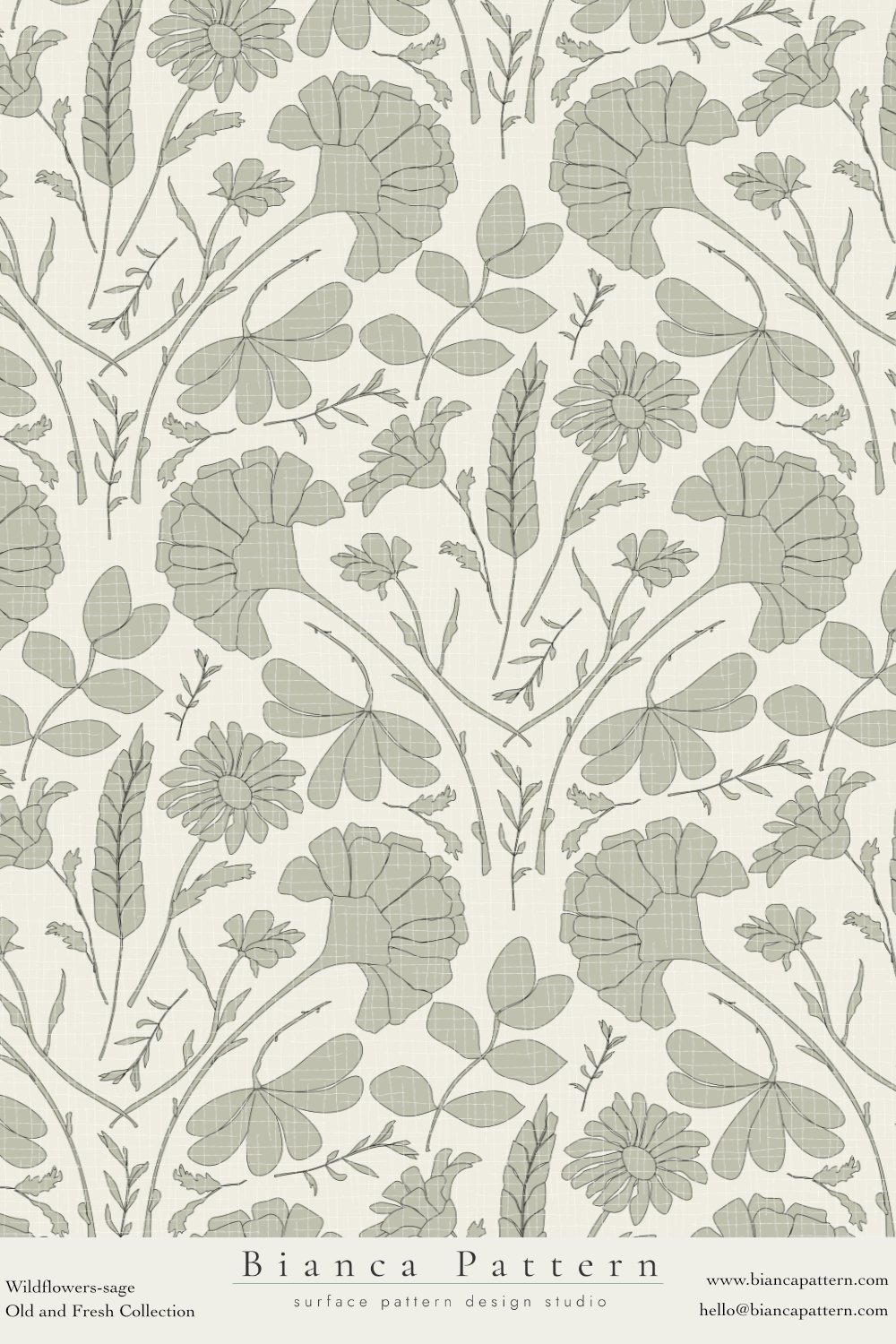 Gray floral pattern with various flowers and leaves on a light background.