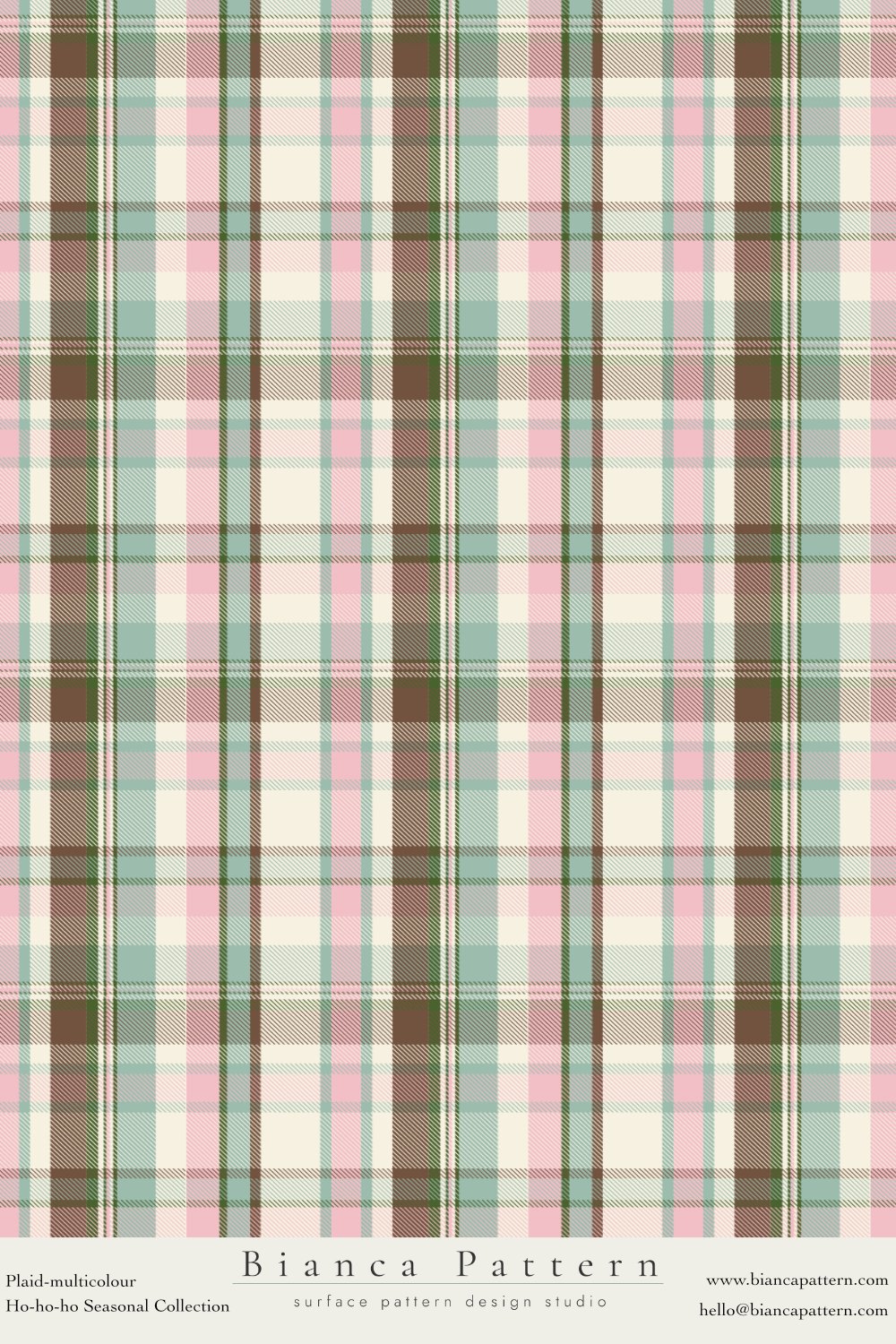 Pink, green, white, and brown plaid fabric pattern.