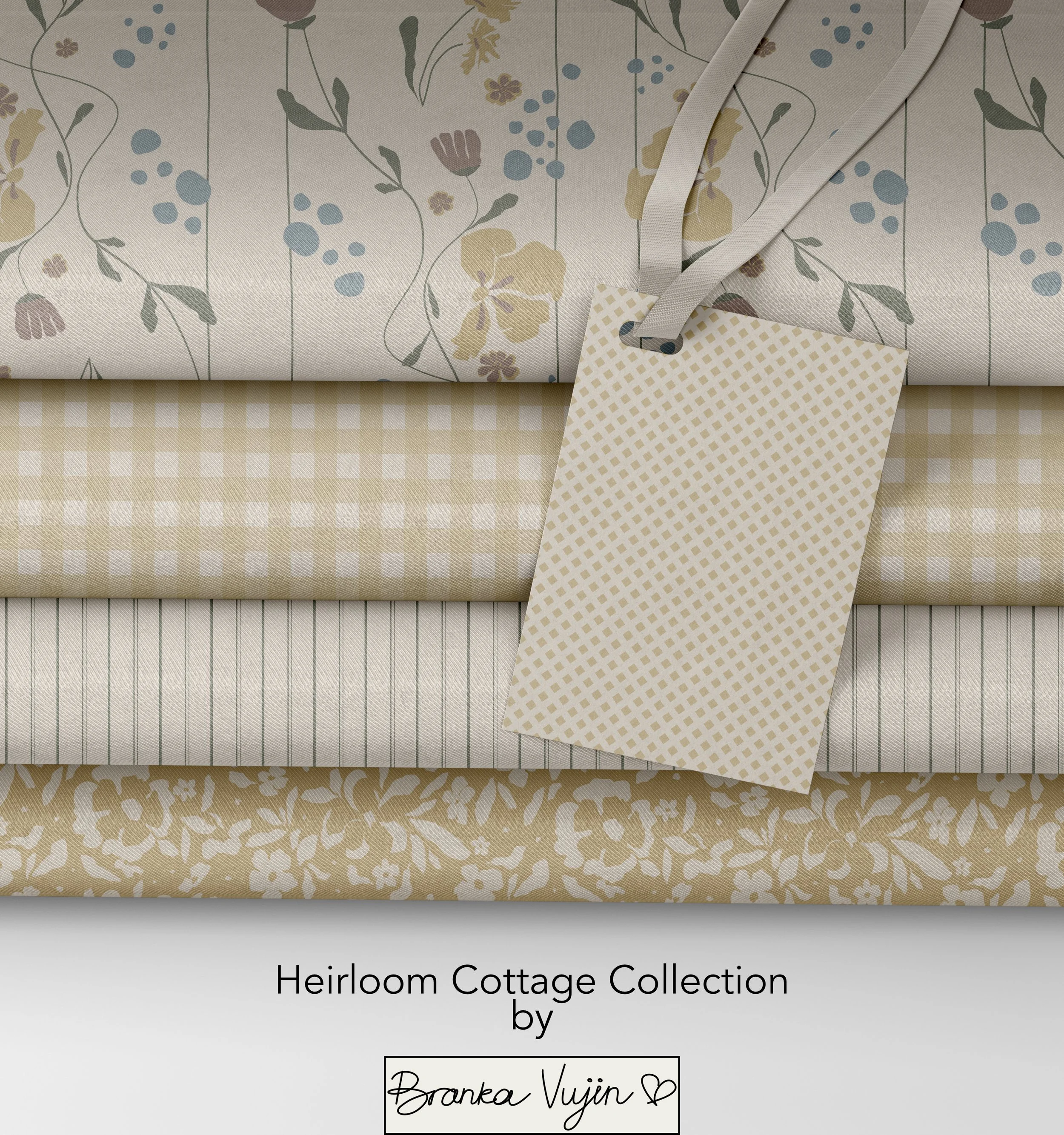 Cover of a catalog titled "Heirloom Cottage Collection by Branka Vujin" with a floral patterned fabric background and beige checkered and floral patterned fabric overlapping.