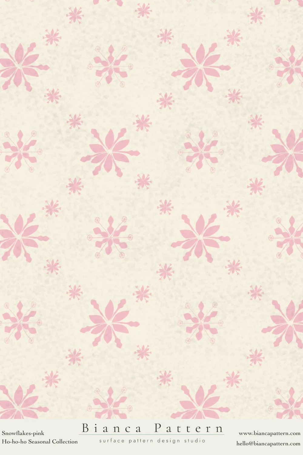 Pink snowflakes pattern on a light background, labeled as Bianca Pattern from the Ho-ho-ho seasonal collection.