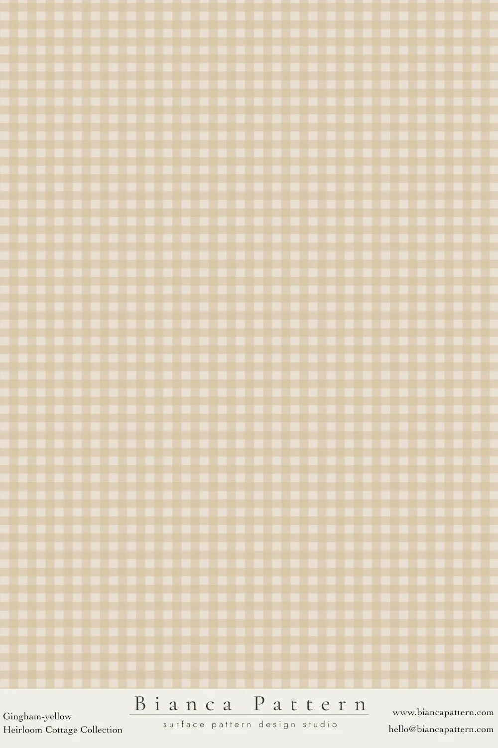 A beige gingham pattern fabric with small white checked squares, part of the Gingham-yellow collection by Bianca Pattern.