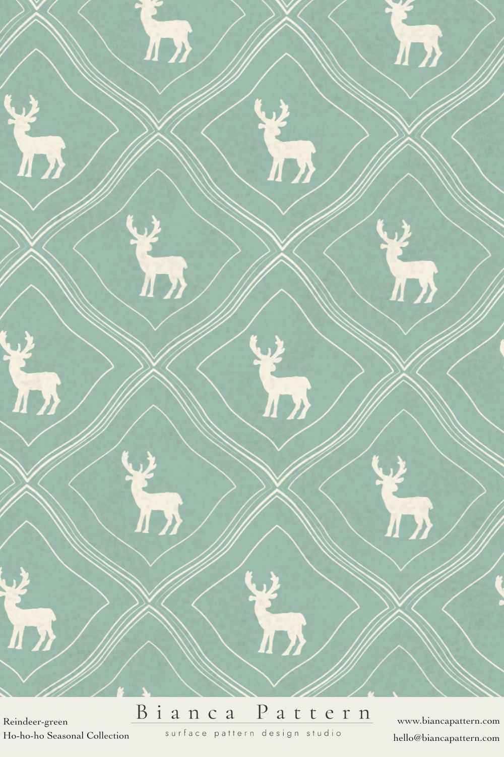 Reindeer outline pattern on a teal background, repeating in a diamond shape, from Bianca Pattern's Ho-ho-ho Seasonal Collection.
