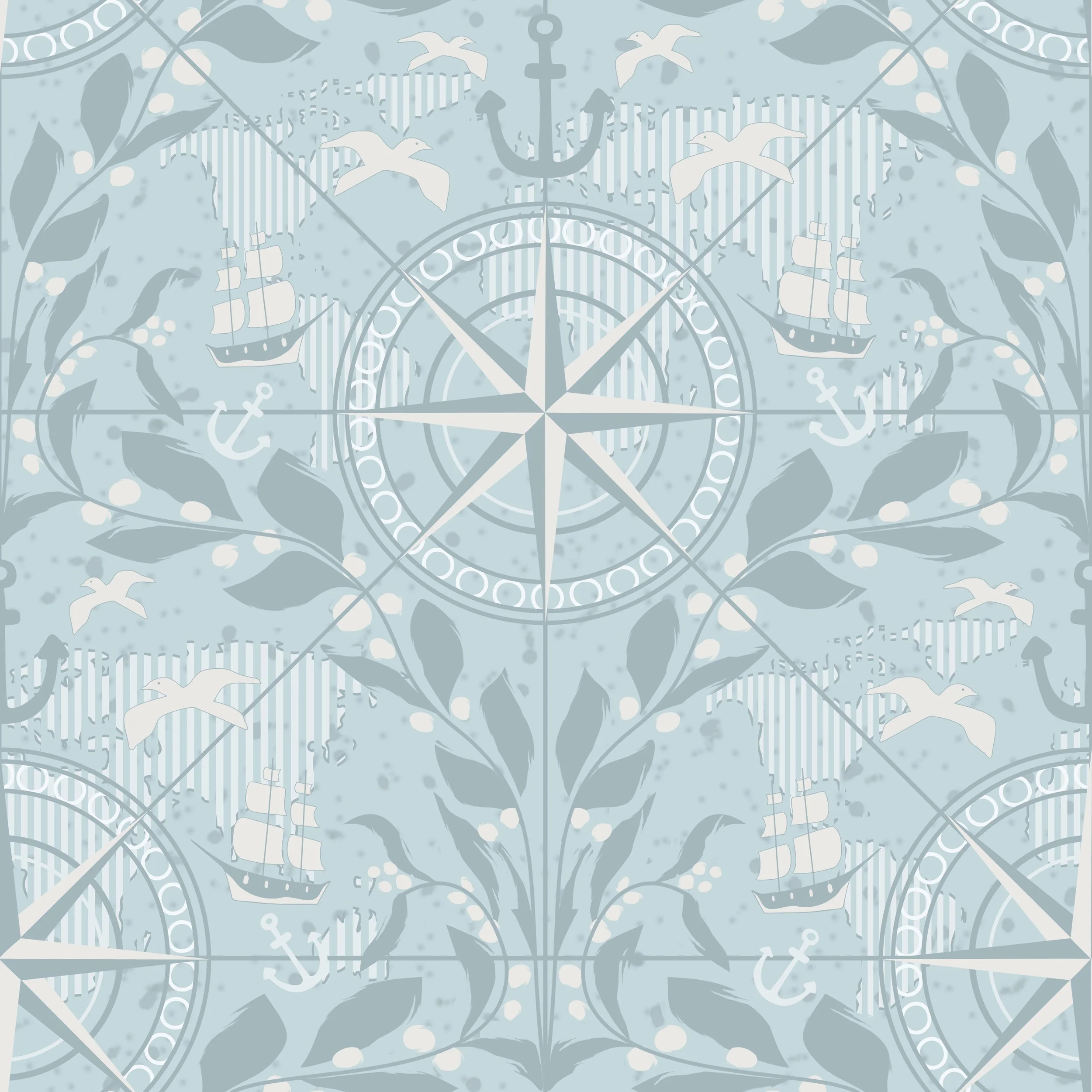 A vintage nautical theme wallpaper featuring an anchor, sailing ships with billowing sails, seagulls in flight, and abstract leaves and branches on a light blue background.