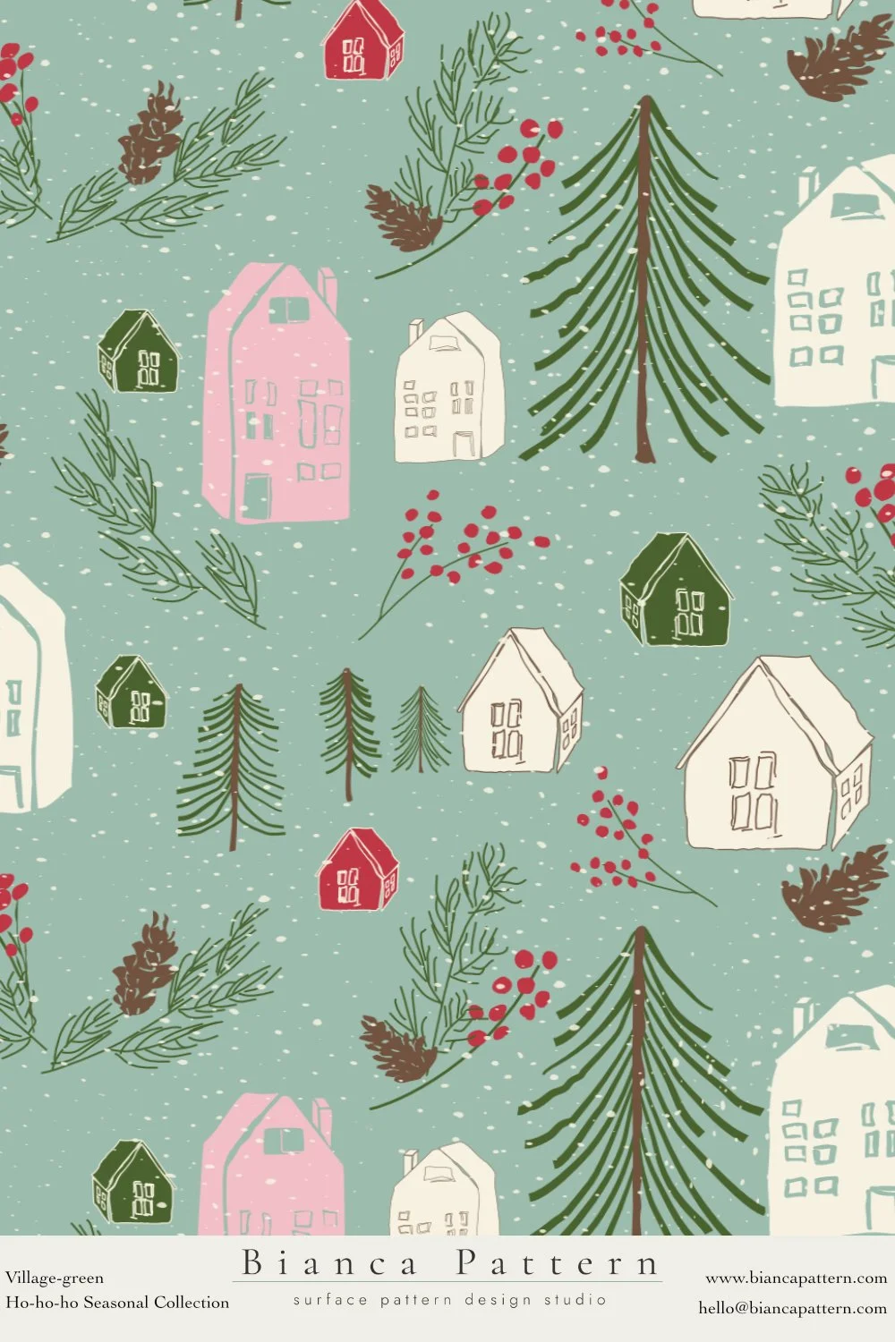 Pattern featuring Christmas trees, pine branches, red berries, pinecones, and houses on a green background.