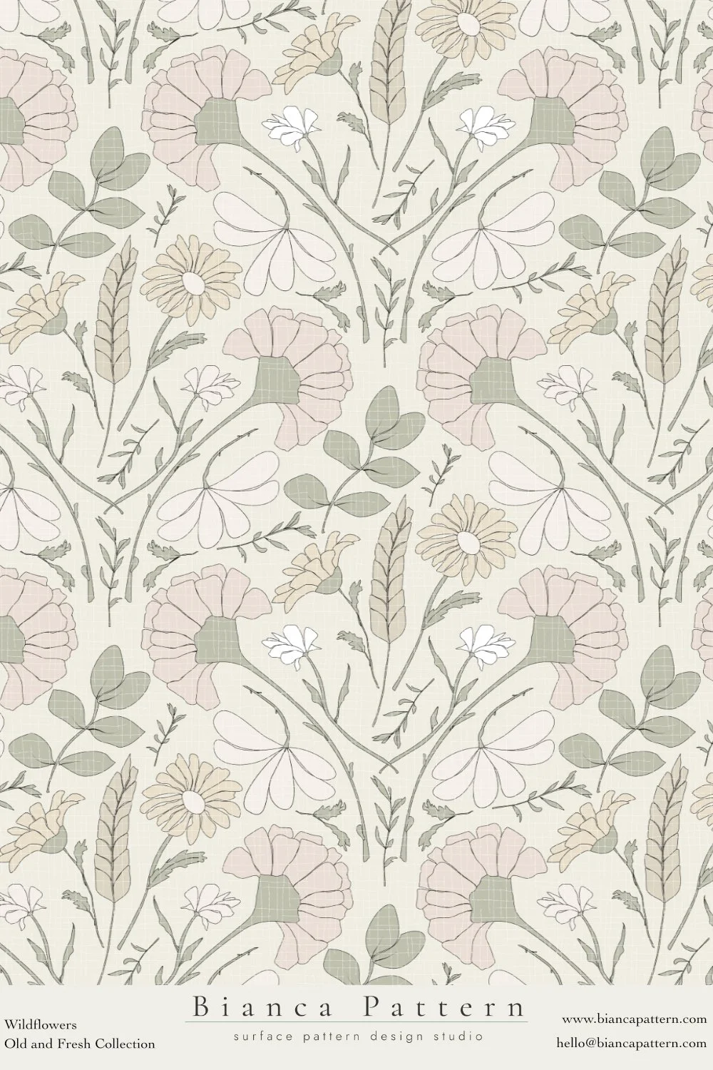 A soft, pastel-colored floral pattern featuring wildflowers, leaves, and buds in pink, beige, white, and muted green tones.