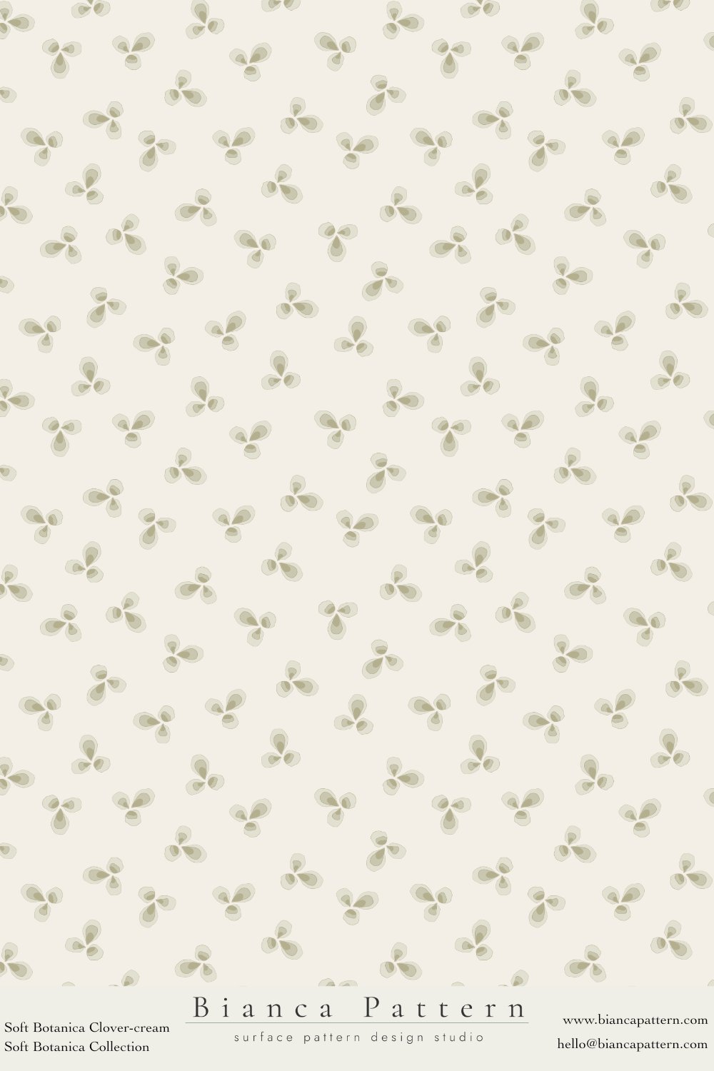A repeating pattern of small, soft beige clovers on a light background, labeled as 'Bianca Pattern' from the Soft Botanica Collection by Biancapattern.com.