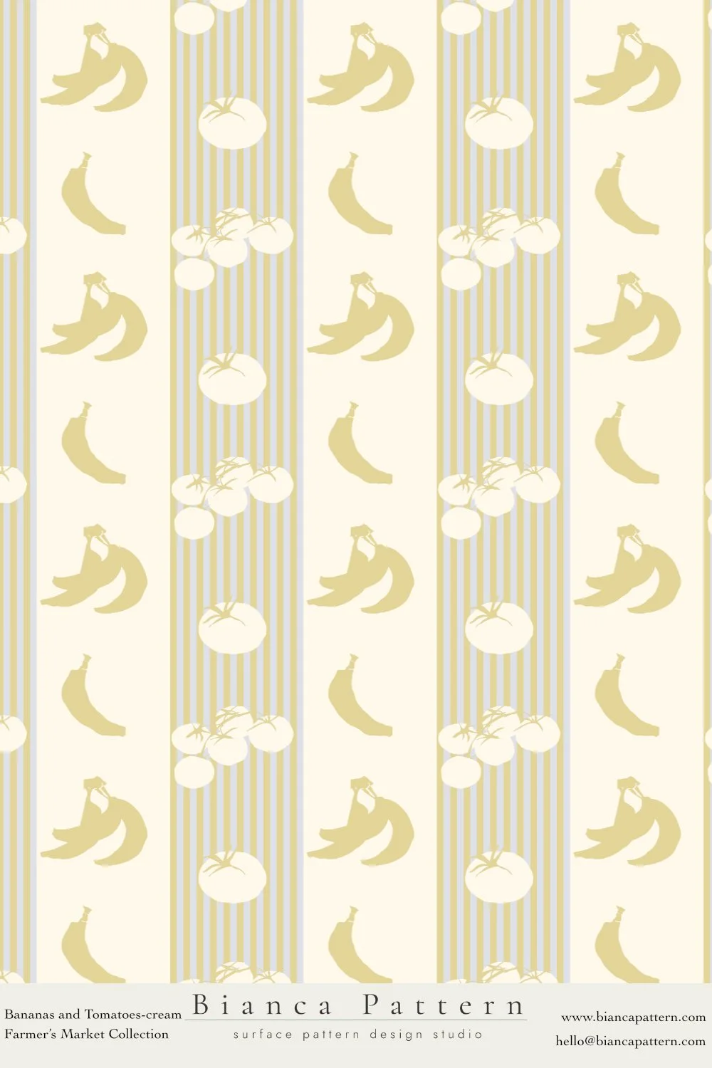 Pattern with bananas and tomatoes on a striped background, in a pastel yellow and cream color scheme.