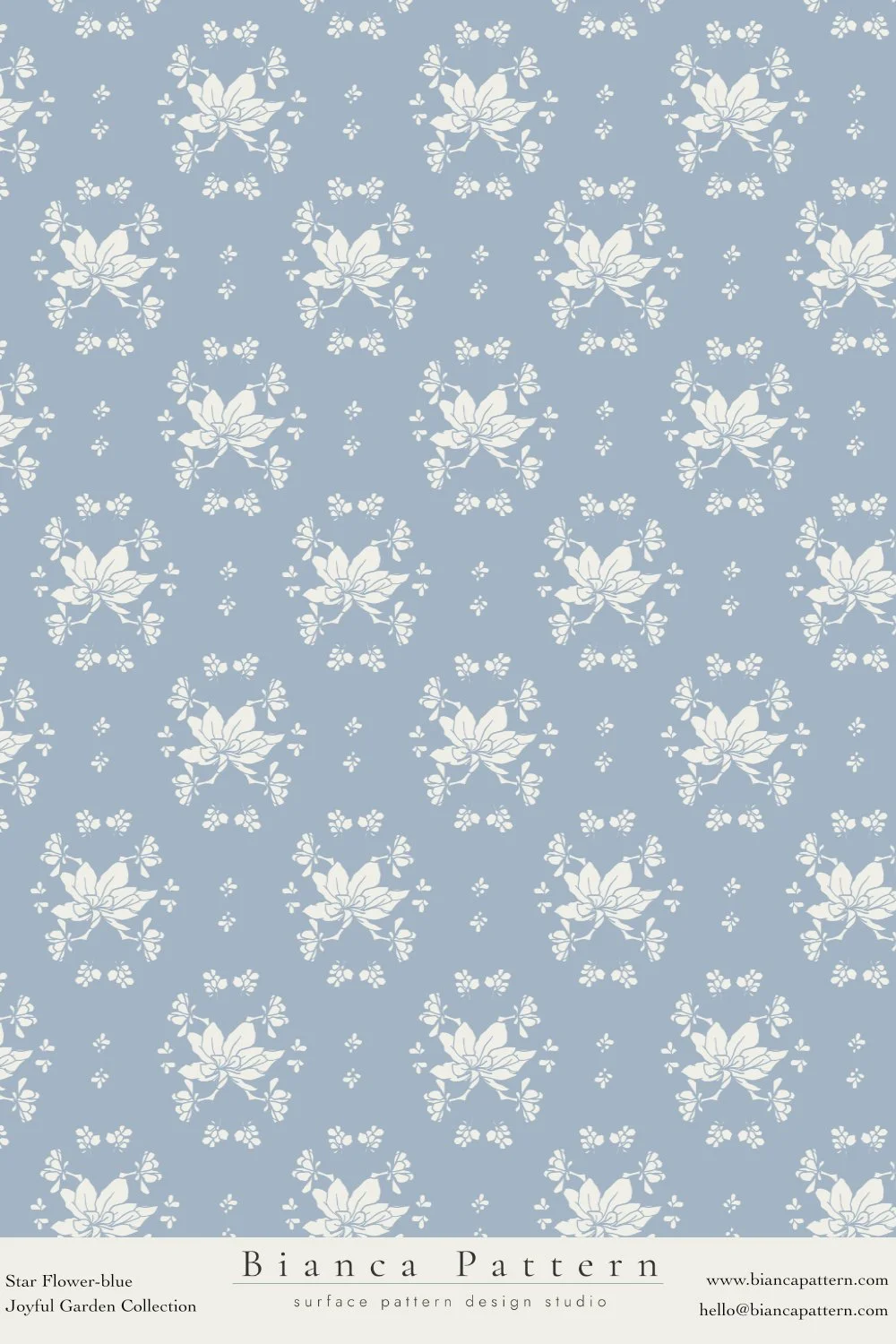 Blue surface with a white floral pattern of stars and flowers, labeled 'Bianca Pattern' from Joyful Garden Collection.