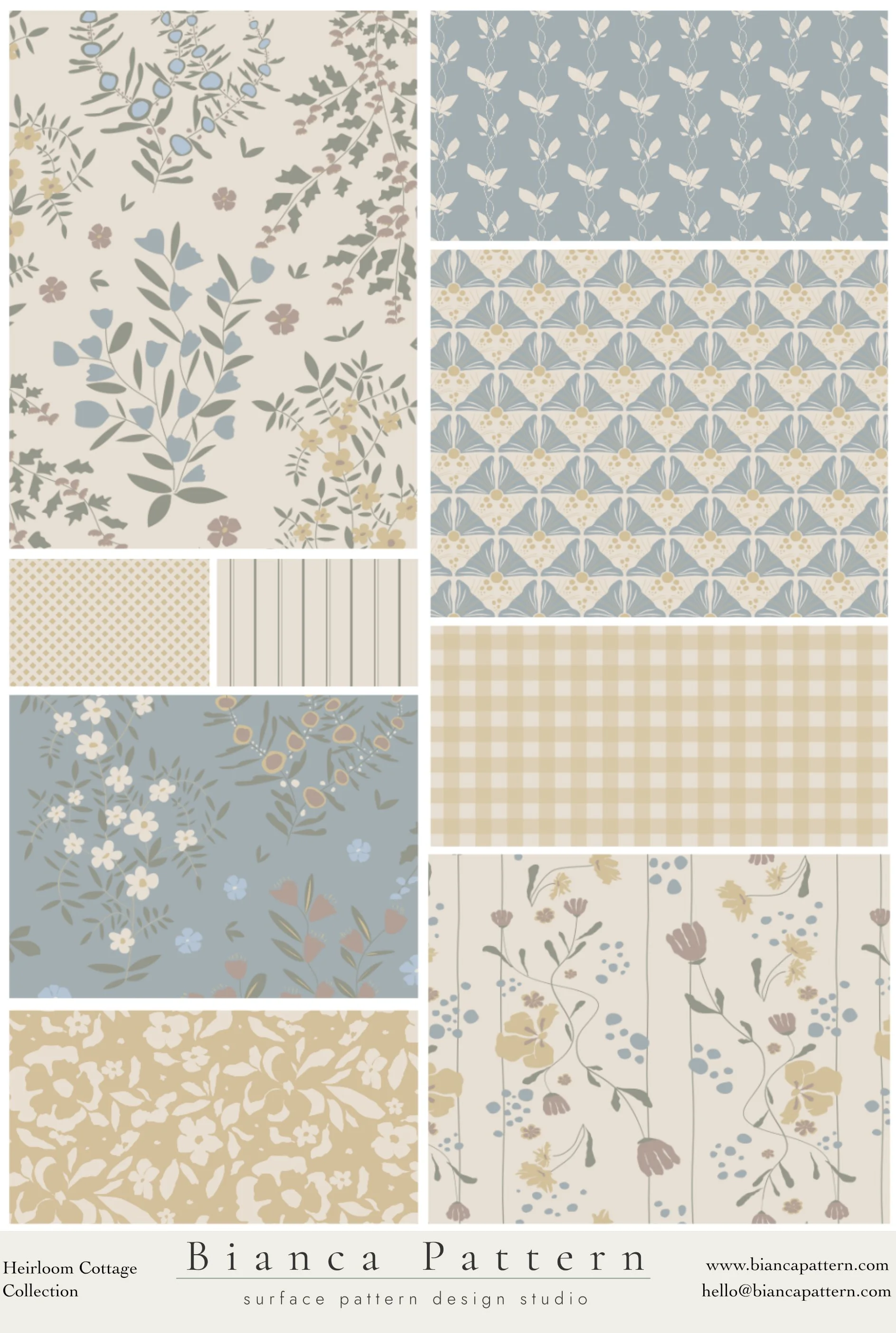 A collage of nine different floral and geometric patterns in muted pastel colors such as beige, light blue, gray, and cream. The patterns feature flowers, leaves, vines, stripes, checks, and dots, all with a soft, vintage-inspired aesthetic.