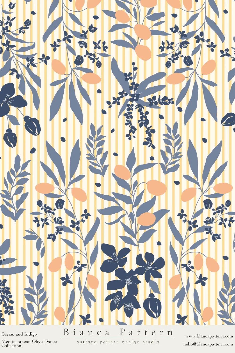 A wallpaper pattern with olive branches, leaves, and olives in cream, indigo, and peach colors on a striped background.