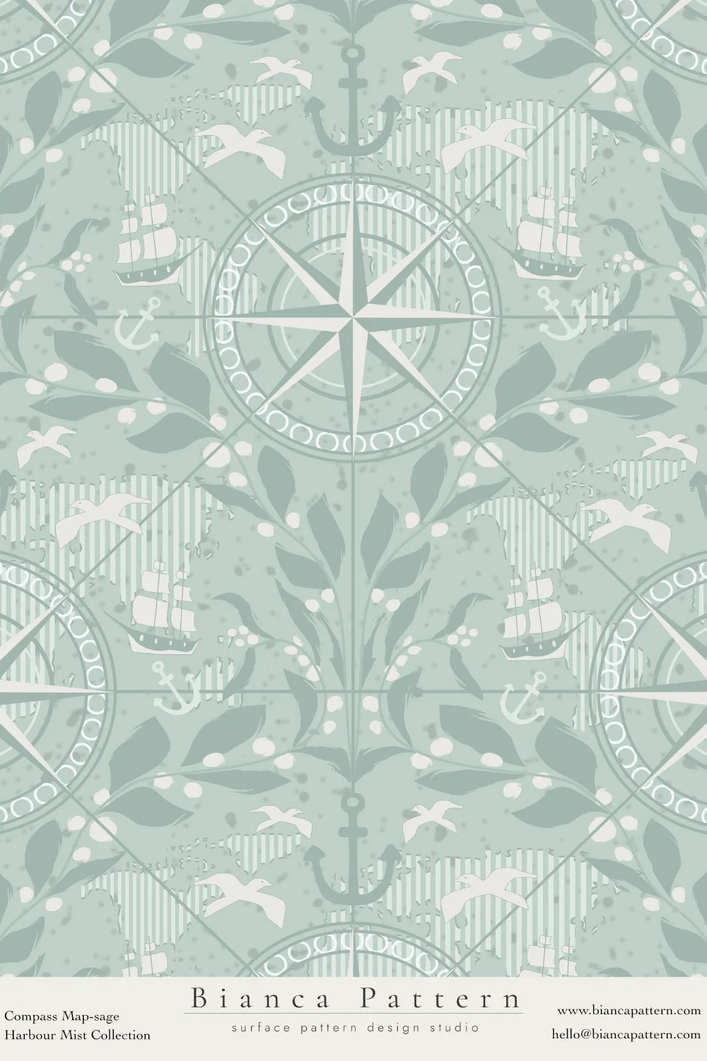A nautical-themed wallpaper pattern featuring compasses, anchors, ships, seagulls, and maritime foliage in shades of light blue and white.