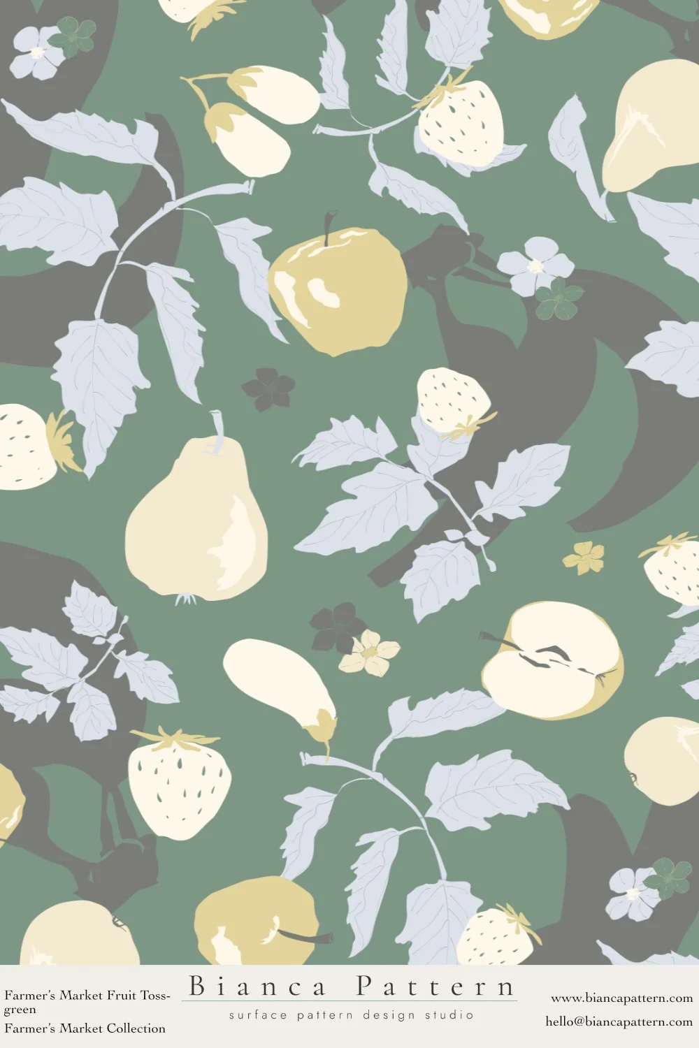 A pattern of various fruit illustrations including apples, pears, and strawberries, with leaves and small flowers on a green background.