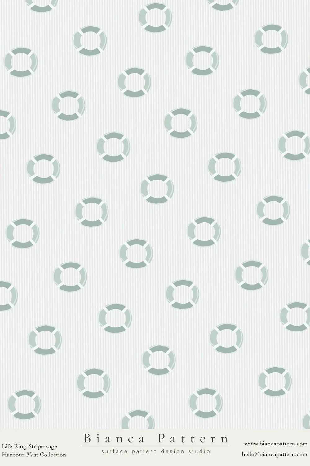 A pattern of life rings on a striped background with text at the bottom reading "Bianca Pattern surface pattern design studio," along with a website and email address.