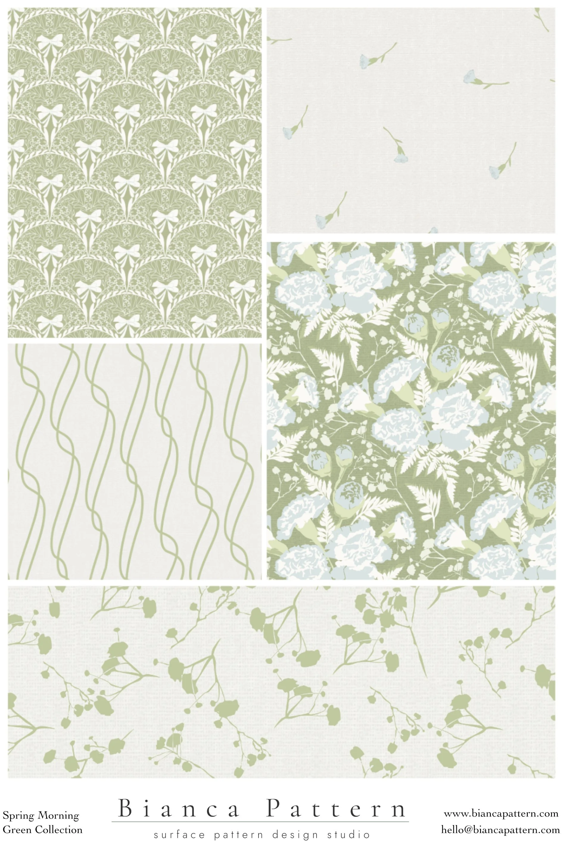 Collage of six green and white botanical pattern designs, including floral, leaf, vine, and abstract motifs.