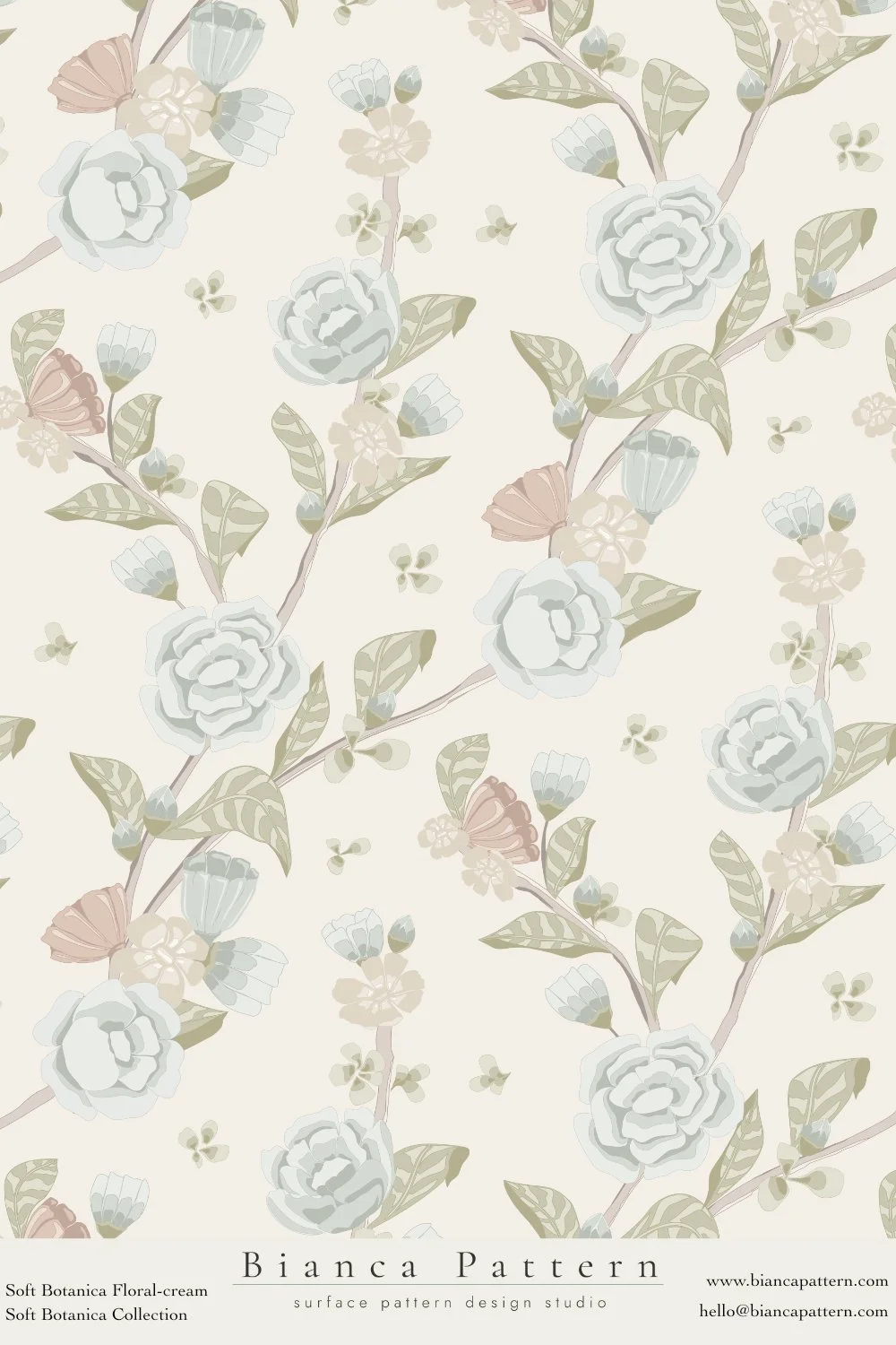 Soft botanical floral pattern with light pastel-colored roses, leaves, and small flowers on a neutral background.