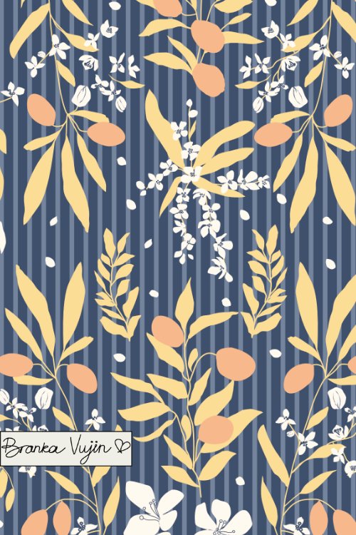 Pattern with peach-colored and white leaves, small white flowers, and white berries on a navy blue striped background with a handwritten note at the bottom that says 'Branka Vujin'.