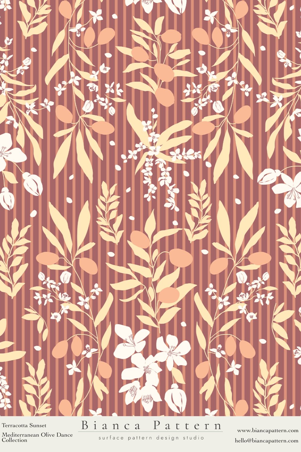 A floral pattern with white and beige leaves, small white flowers, and peach-colored fruit on a striped beige and brown background.
