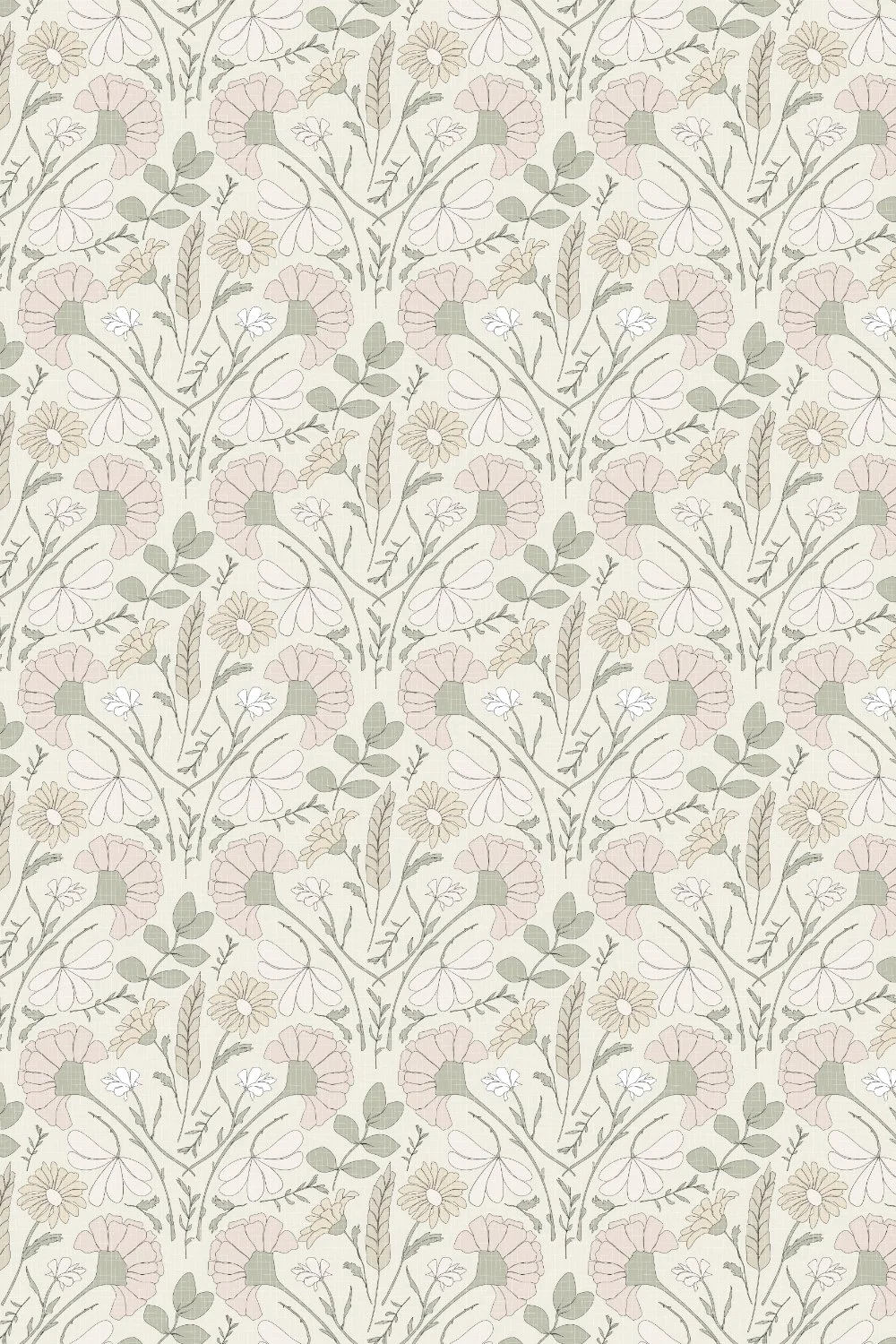 Pastel floral pattern with pink flowers, white daisies, green leaves, and wheat stalks on a light background.