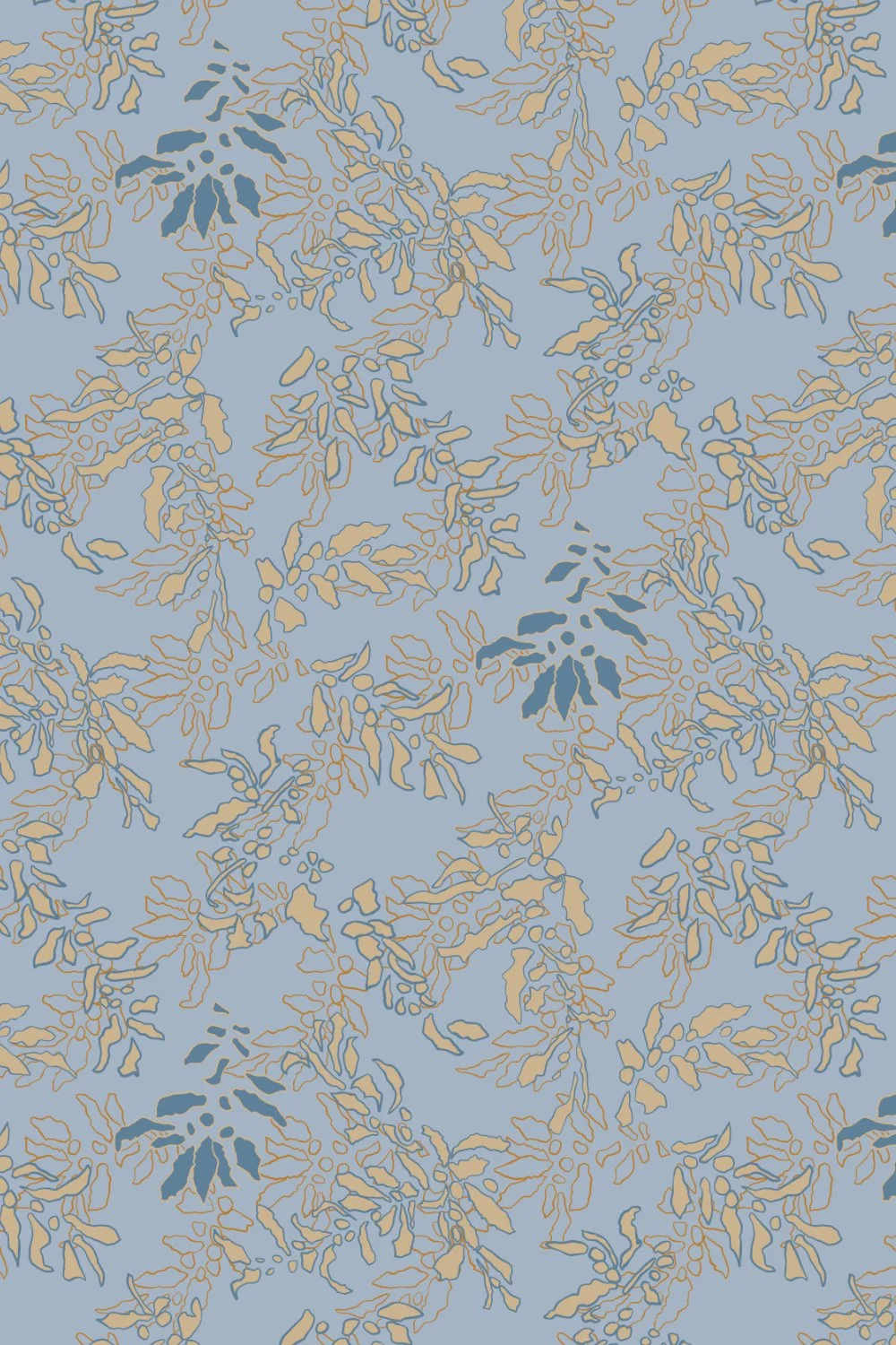 A repeating pattern of abstract leaf and branch outlines in shades of beige and blue on a light blue background.