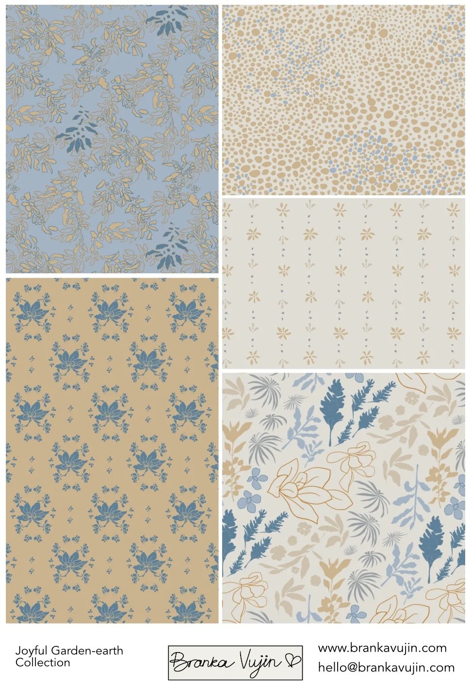 Five different floral and botanical patterned fabric designs in shades of blue, beige, and cream, arranged in a collage. Bottom includes branding and contact information for Branka Vujin.