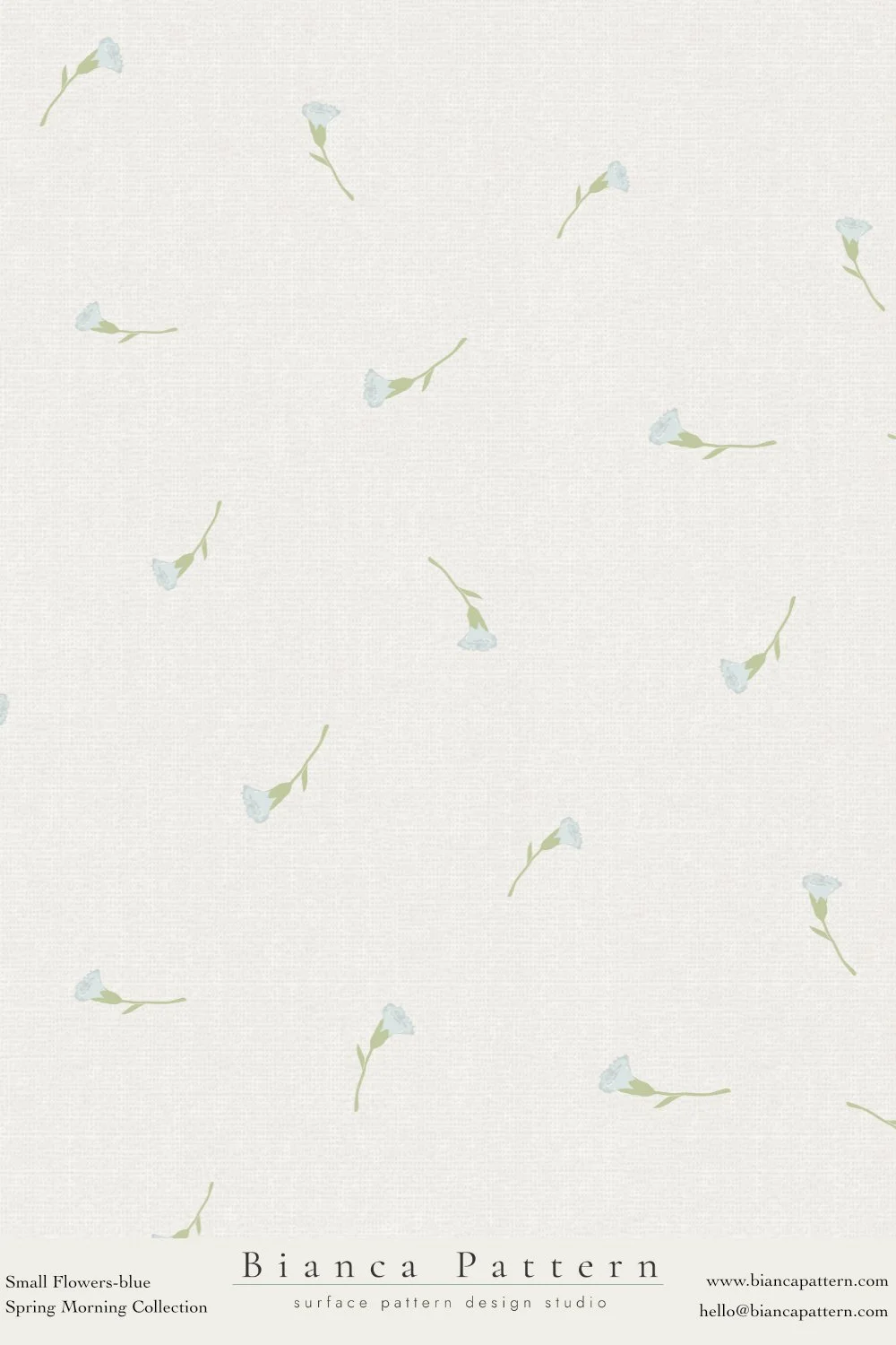 Light beige background with small, light blue flowers and green stems scattered across the surface, labeled as a "Bianca Pattern" from the Spring Morning Collection.